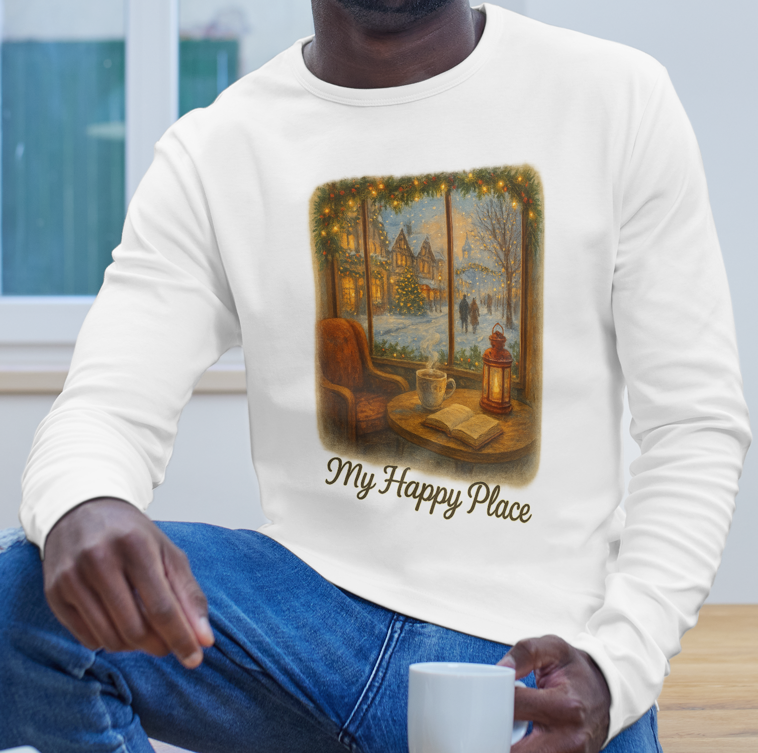 Christmas Coffee Shop - 'My Happy Place' Holiday Village Long Sleeve Tee