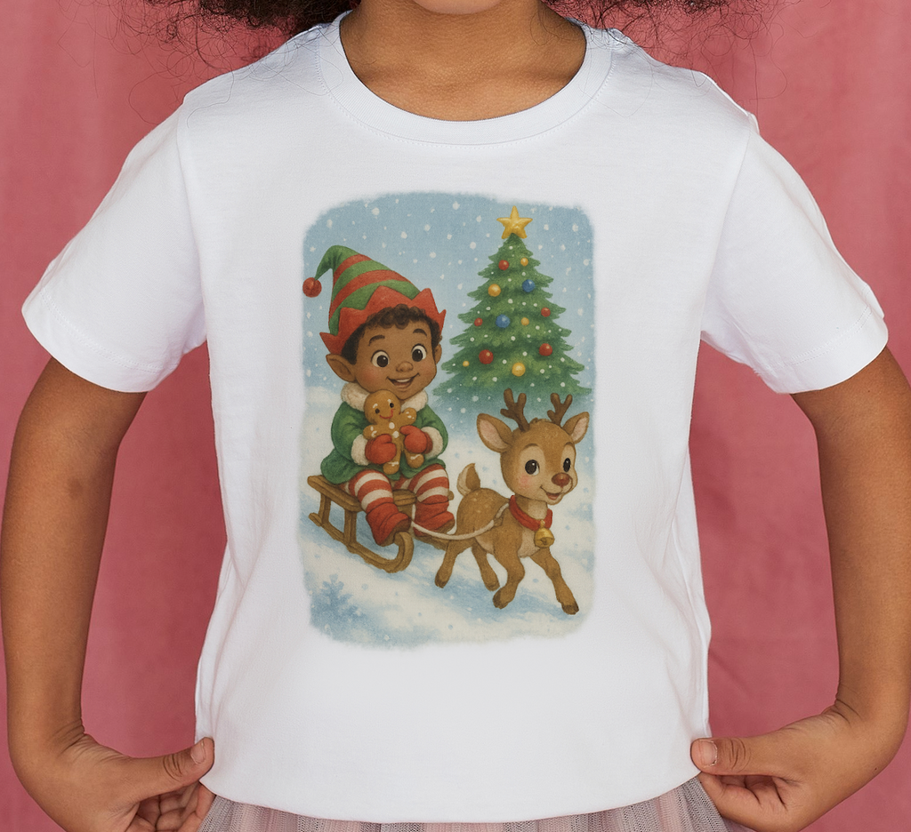 Kids Christmas Elf Sledding Reindeer Holiday T-Shirt