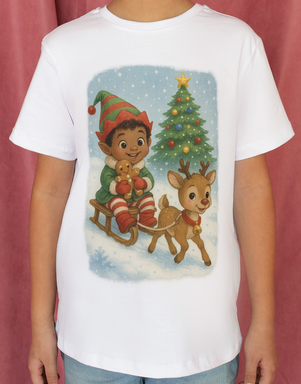 Kids Christmas Elf Sledding Reindeer Holiday T-Shirt
