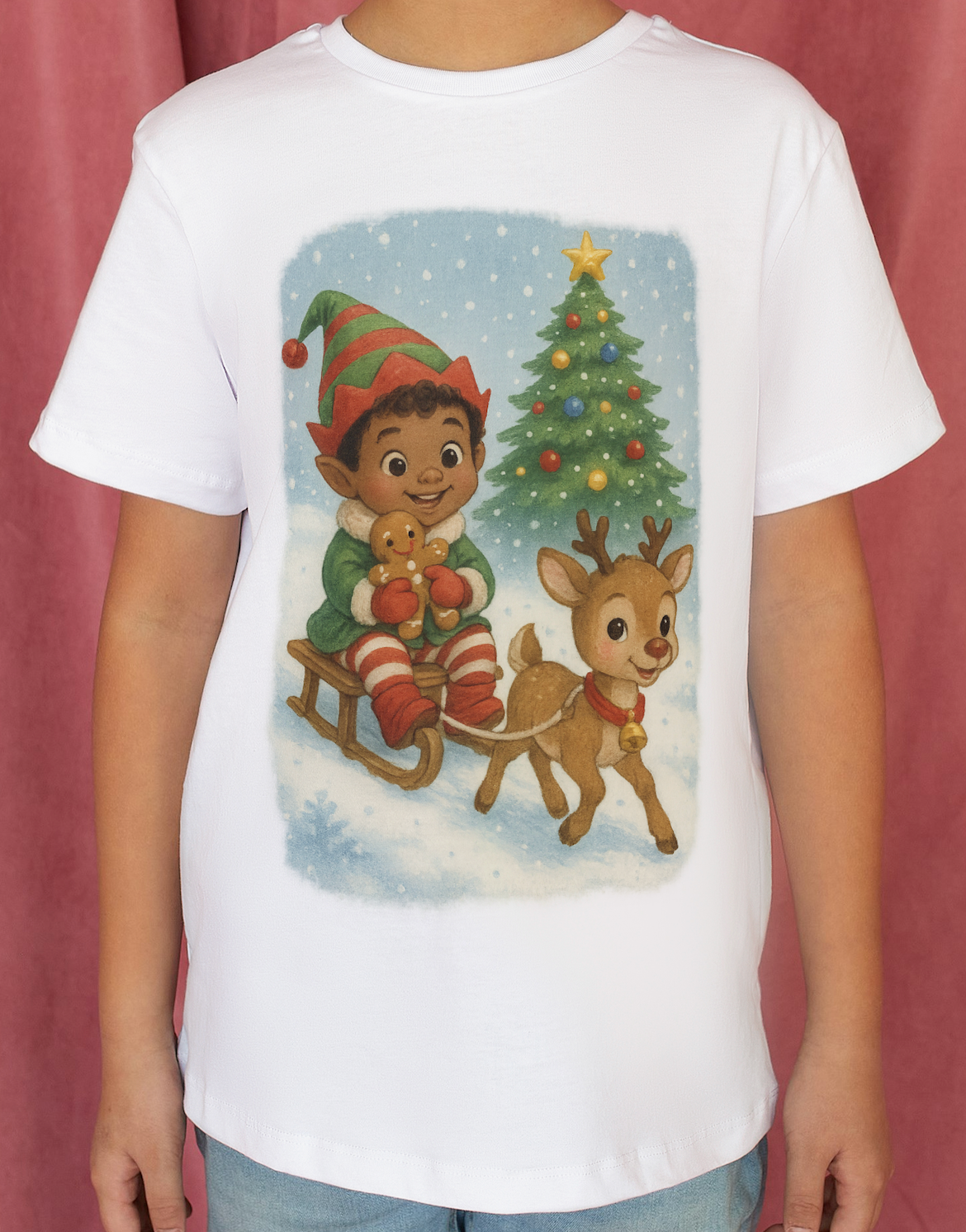 Kids Christmas Elf Sledding Reindeer Holiday T-Shirt