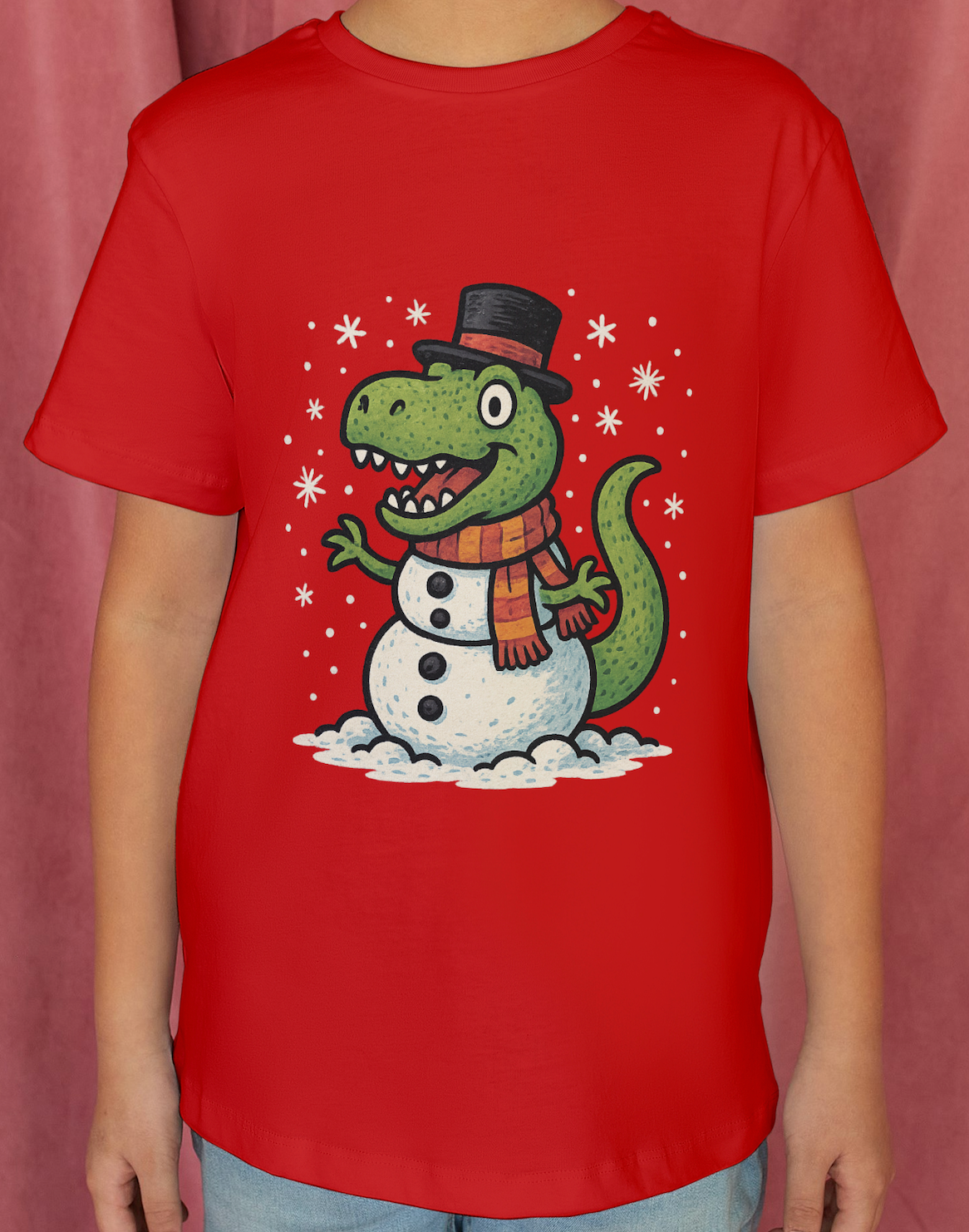 Cute T-Rex Snowman Holiday Tee (Christmas Dino with Scarf & Top Hat) Shirt
