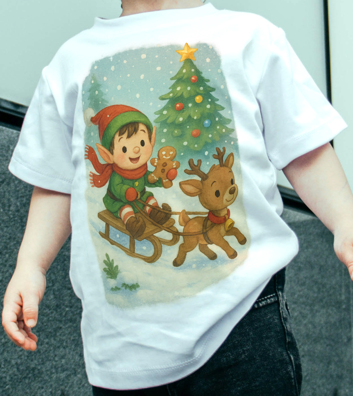 Elf Riding Sleigh Reindeer Christmas Holiday T-Shirt