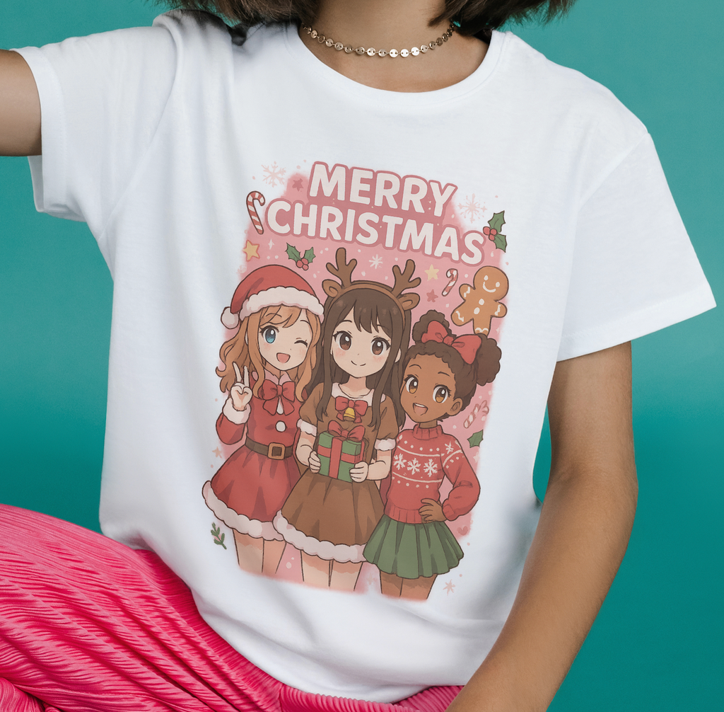 Anime Cartoon Girls "Merry Christmas" Holiday T-Shirt