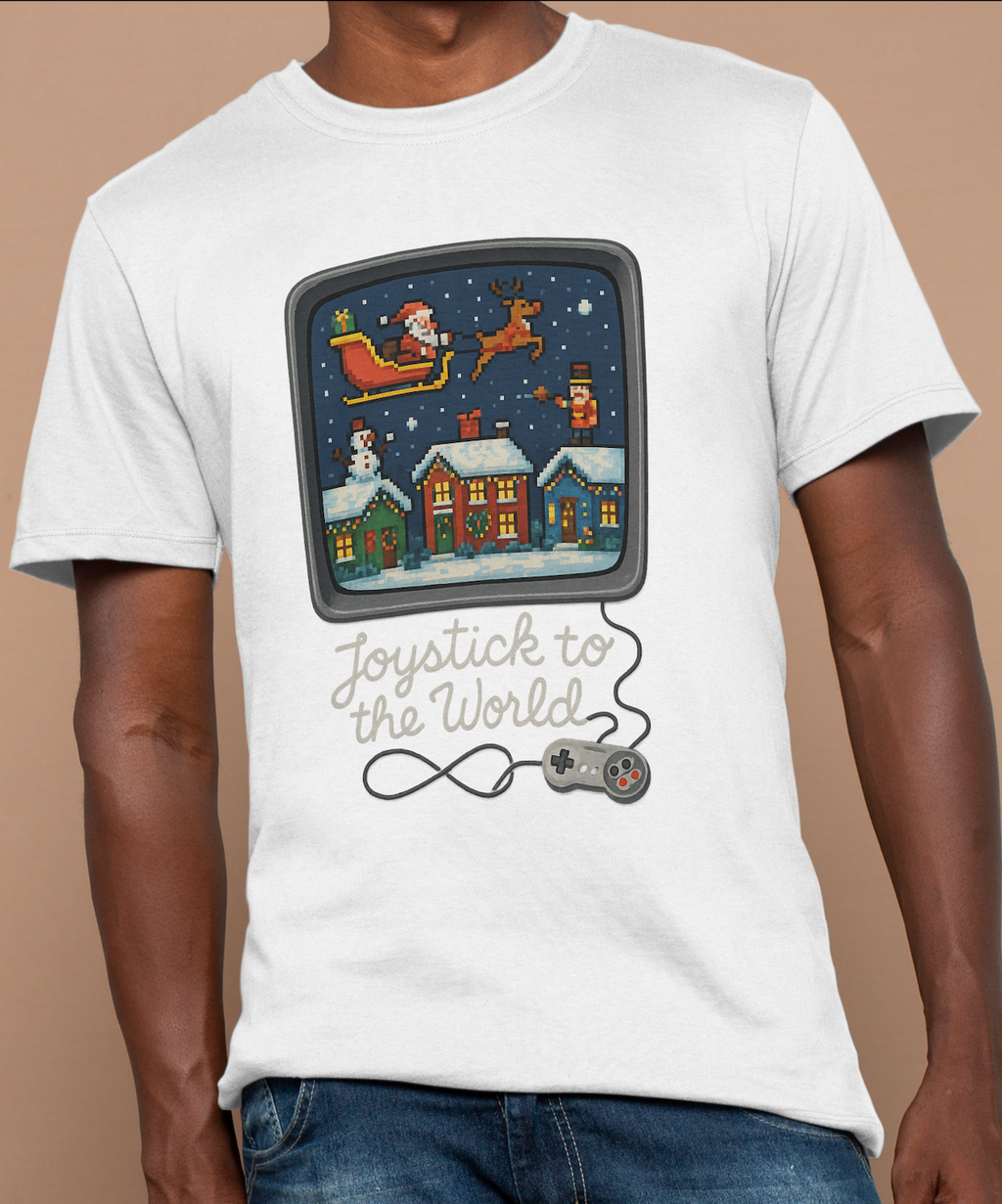 Christmas Video Game Nostalgic Tee "Joystick to the World" Retro Holiday Gaming T-Shirt