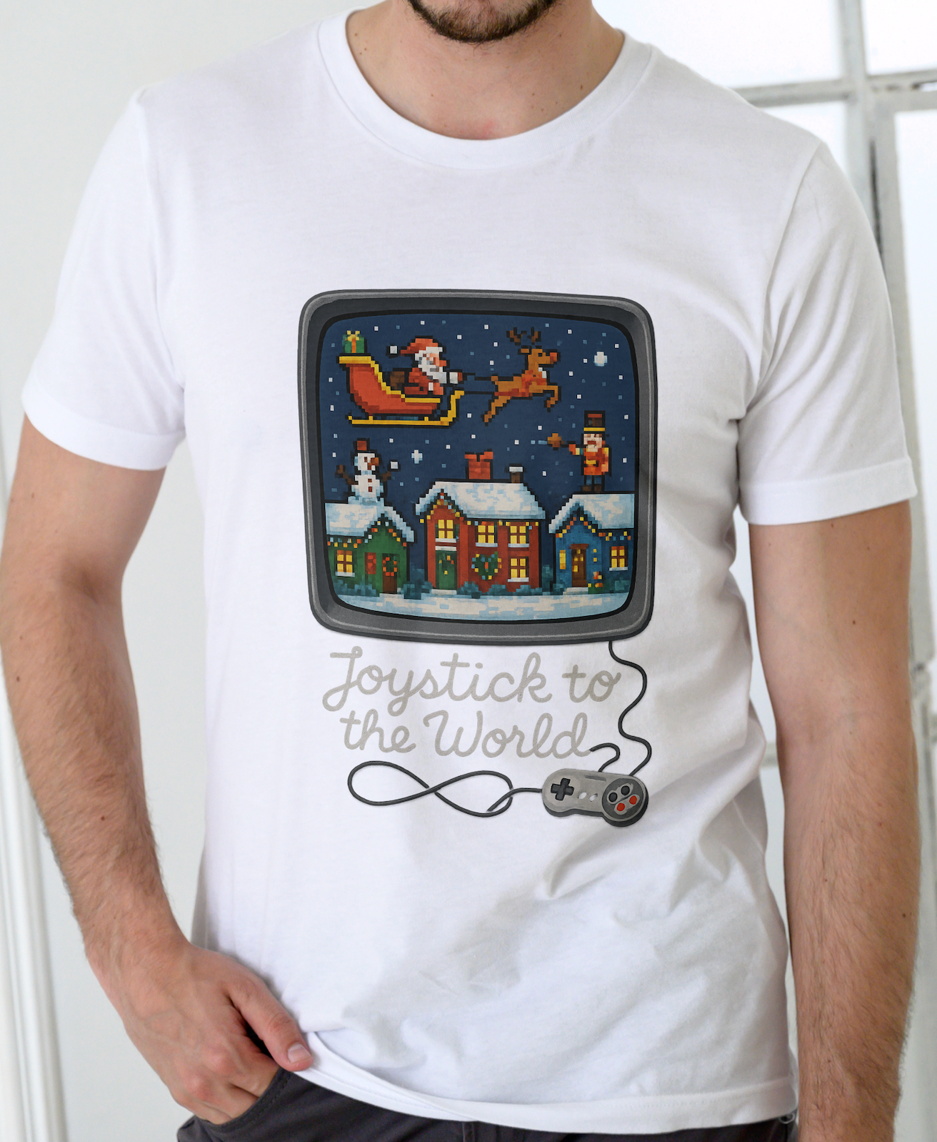 Christmas Video Game Nostalgic Tee "Joystick to the World" Retro Holiday Gaming T-Shirt