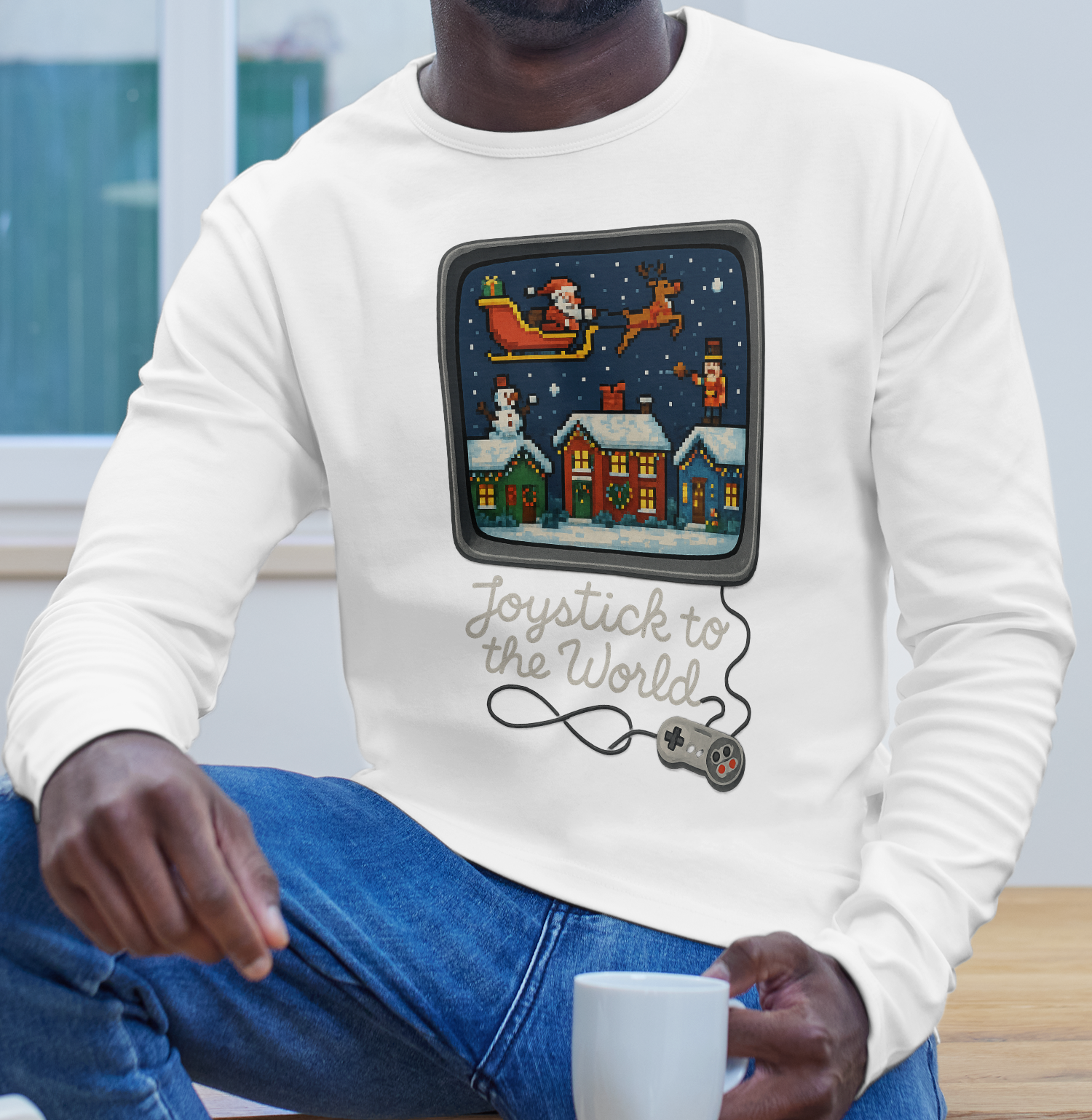 Christmas Video Game Nostalgic "Joystick to the World" Retro Holiday Gaming Long Sleeve Tee
