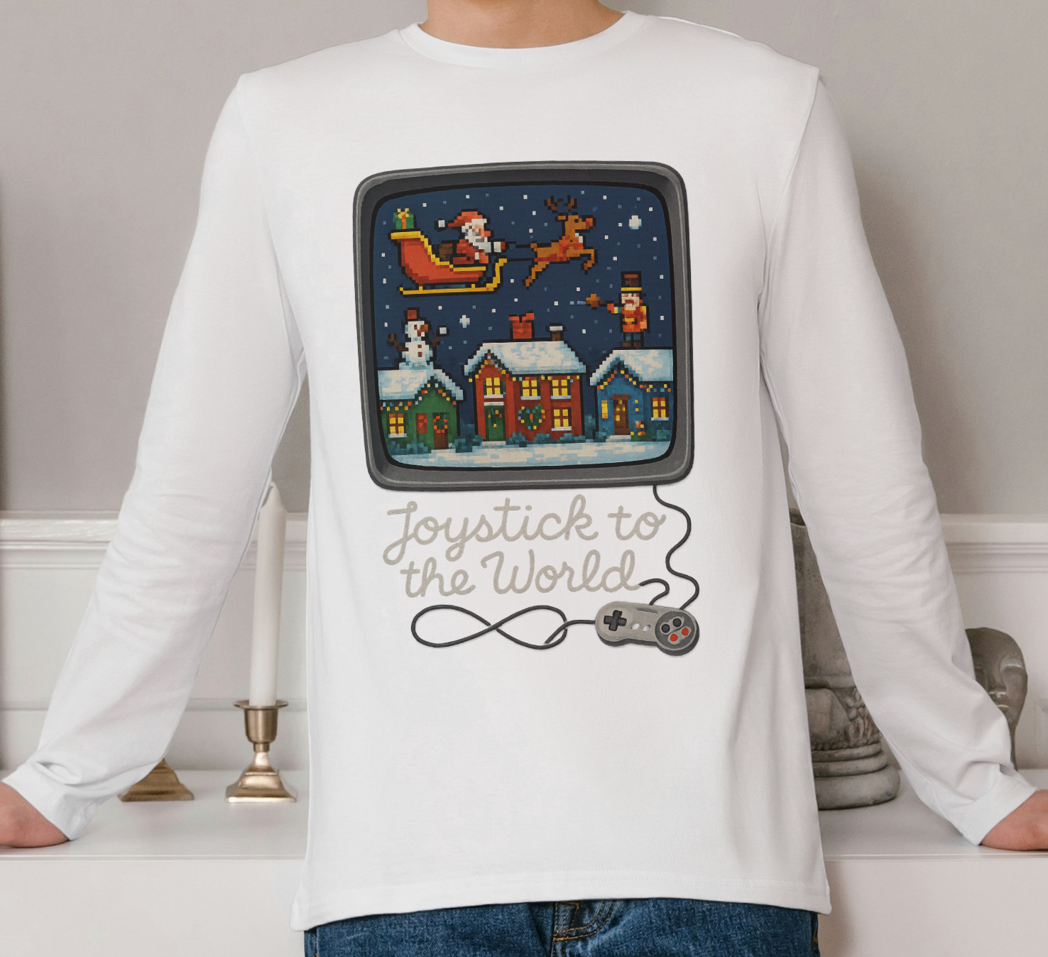 Christmas Video Game Nostalgic "Joystick to the World" Retro Holiday Gaming Long Sleeve Tee
