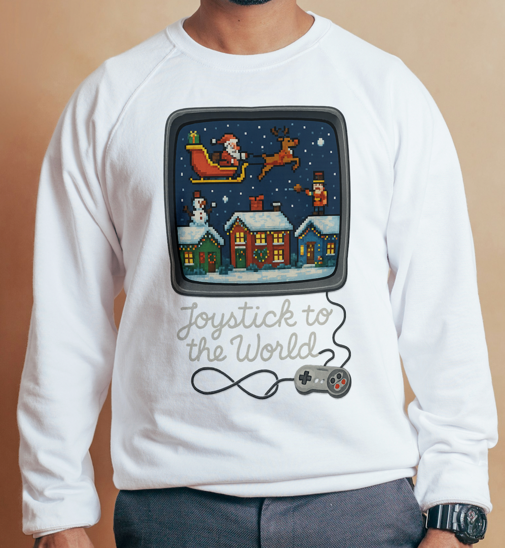 Christmas Video Game Nostalgic Tee "Joystick to the World" Retro Holiday Gaming Sweatshirt