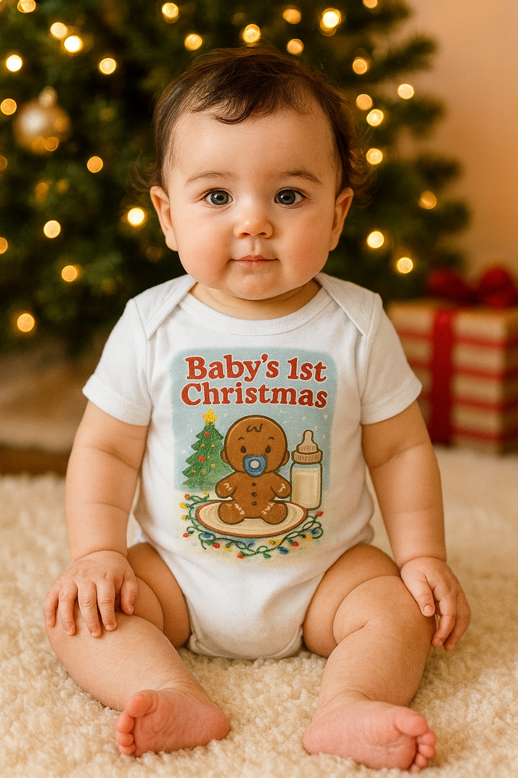 Baby's 1st Christmas Bodysuit - Cute Gingerbread & Milk Holiday Infant Onesie