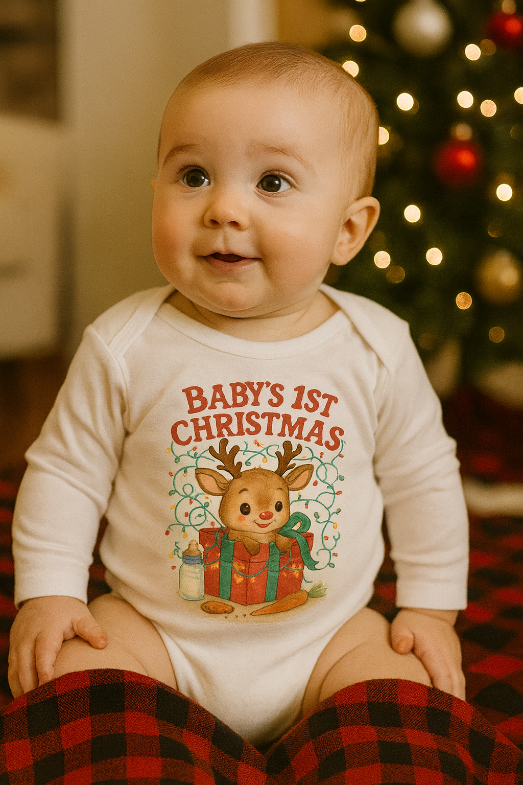 Baby's 1st Christmas Infant Bodysuit - Cute Reindeer Holiday Long Sleeve Onesie
