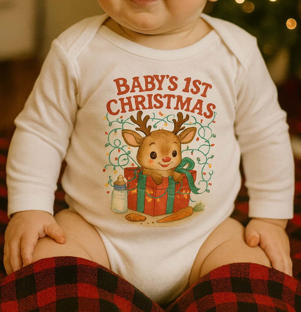 Baby's 1st Christmas Infant Bodysuit - Cute Reindeer Holiday Long Sleeve Onesie