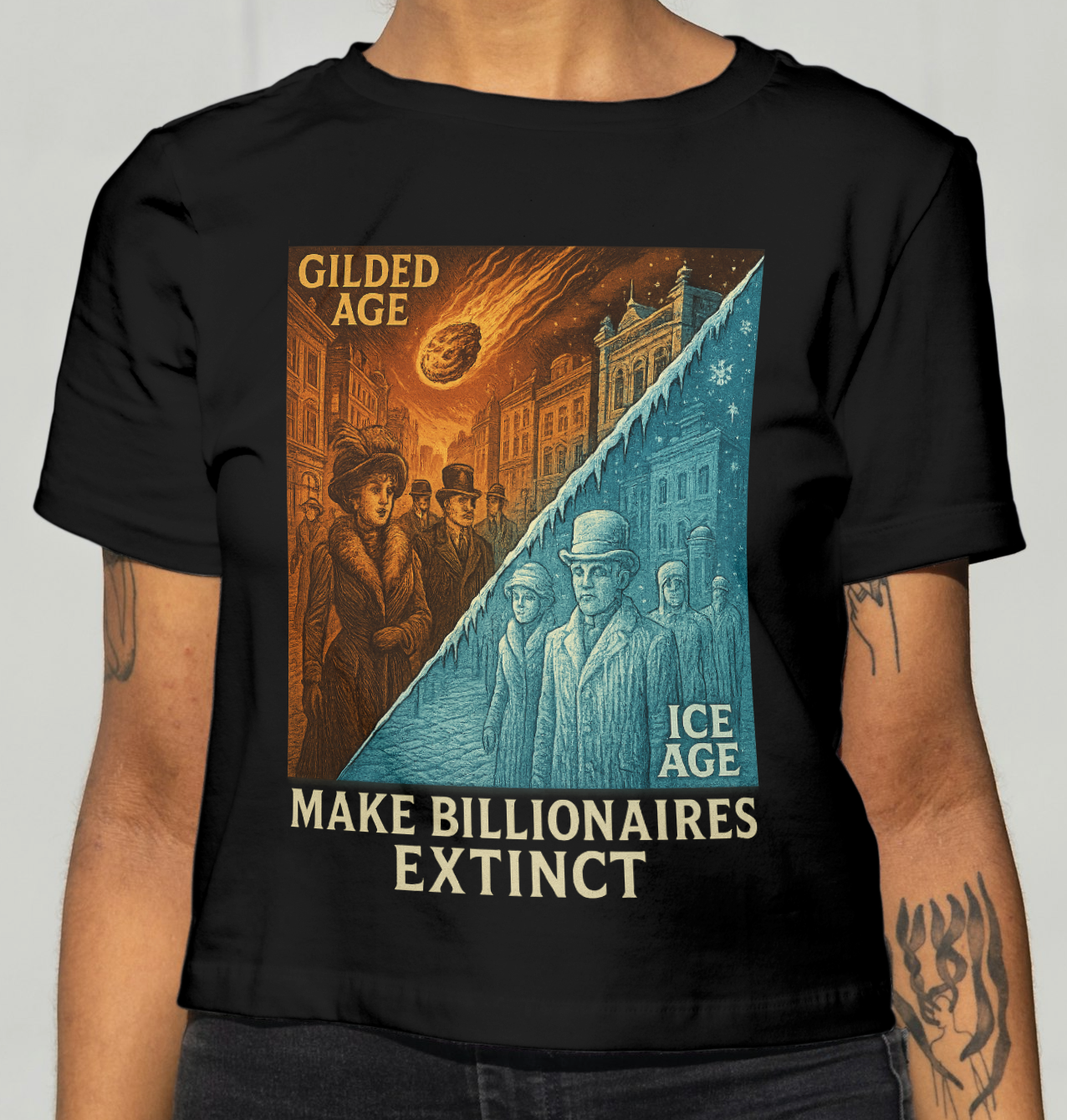 "Make Billionaires Extinct" Vintage Gilded Age vs Ice Age Eat the Rich Satire T-SHirt