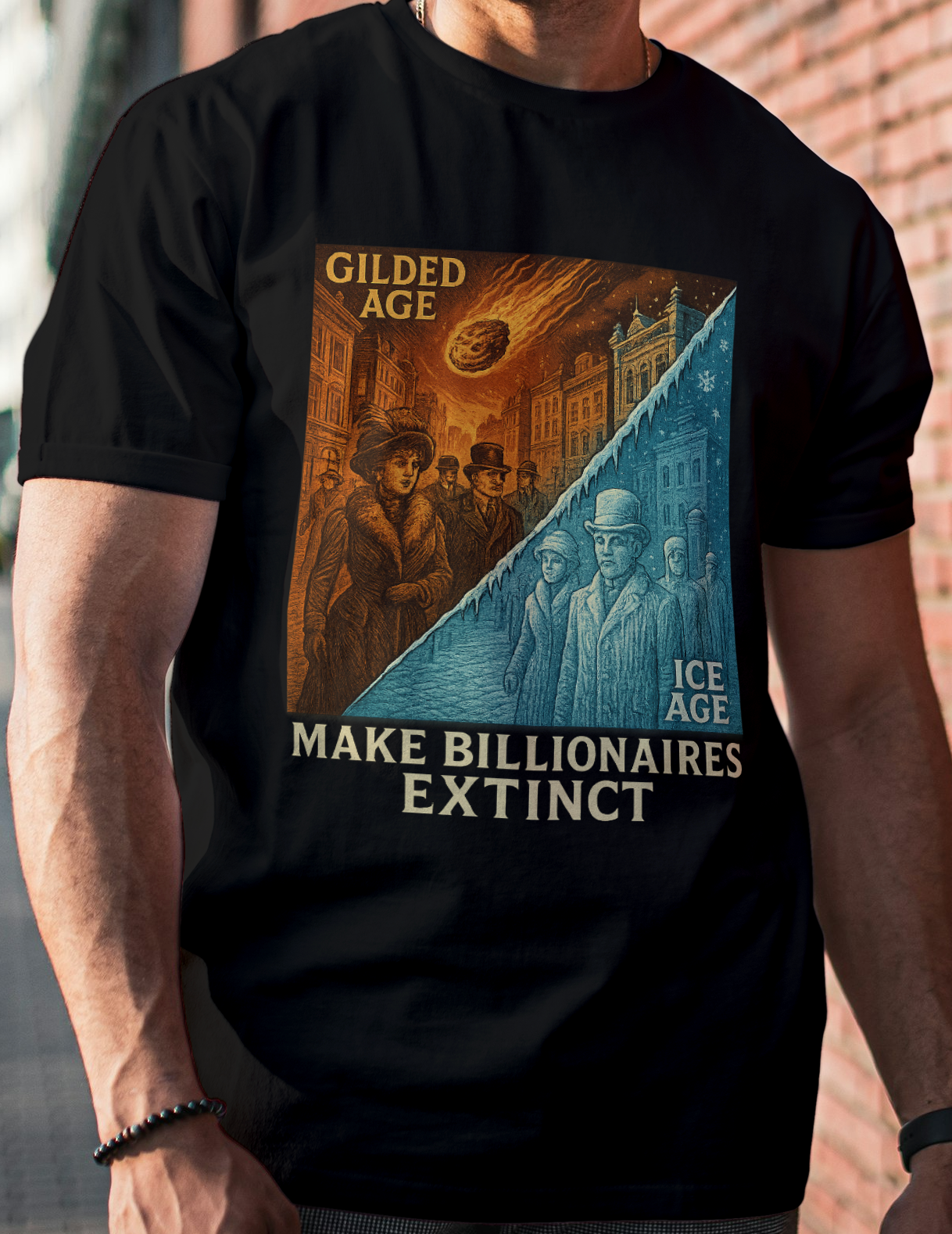 "Make Billionaires Extinct" Vintage Gilded Age vs Ice Age Eat the Rich Satire T-SHirt