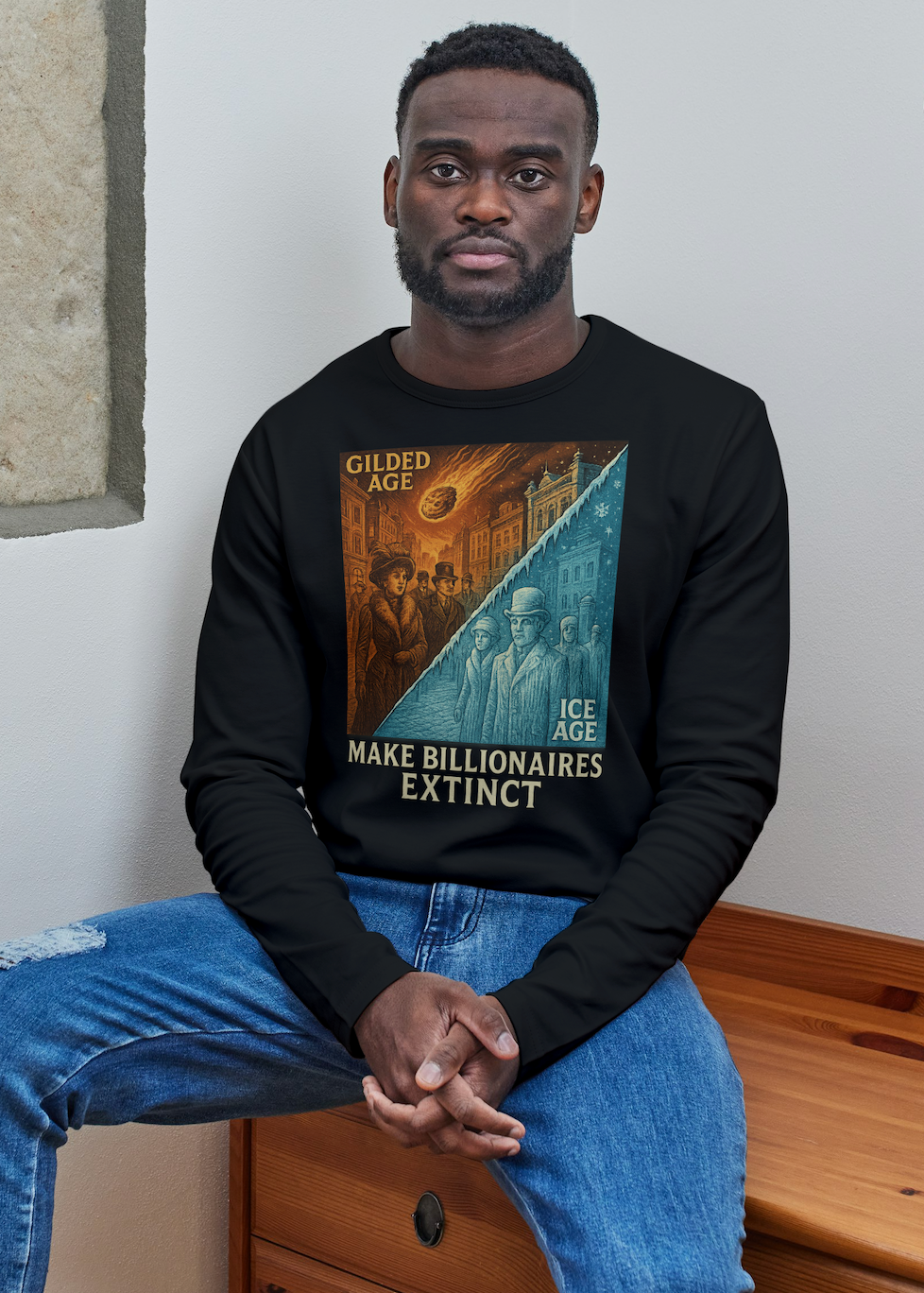 "Make Billionaires Extinct" Vintage Gilded Age vs Ice Age Eat the Rich Satire Long Sleeve Tee
