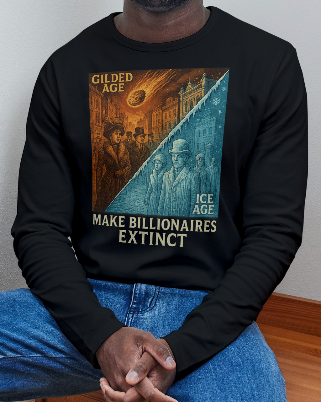 "Make Billionaires Extinct" Vintage Gilded Age vs Ice Age Eat the Rich Satire Long Sleeve Tee
