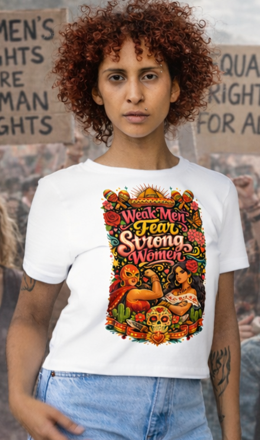 "Weak Men Fear Strong Women" Feminist Vintage Latino Women's Protest T-Shirt