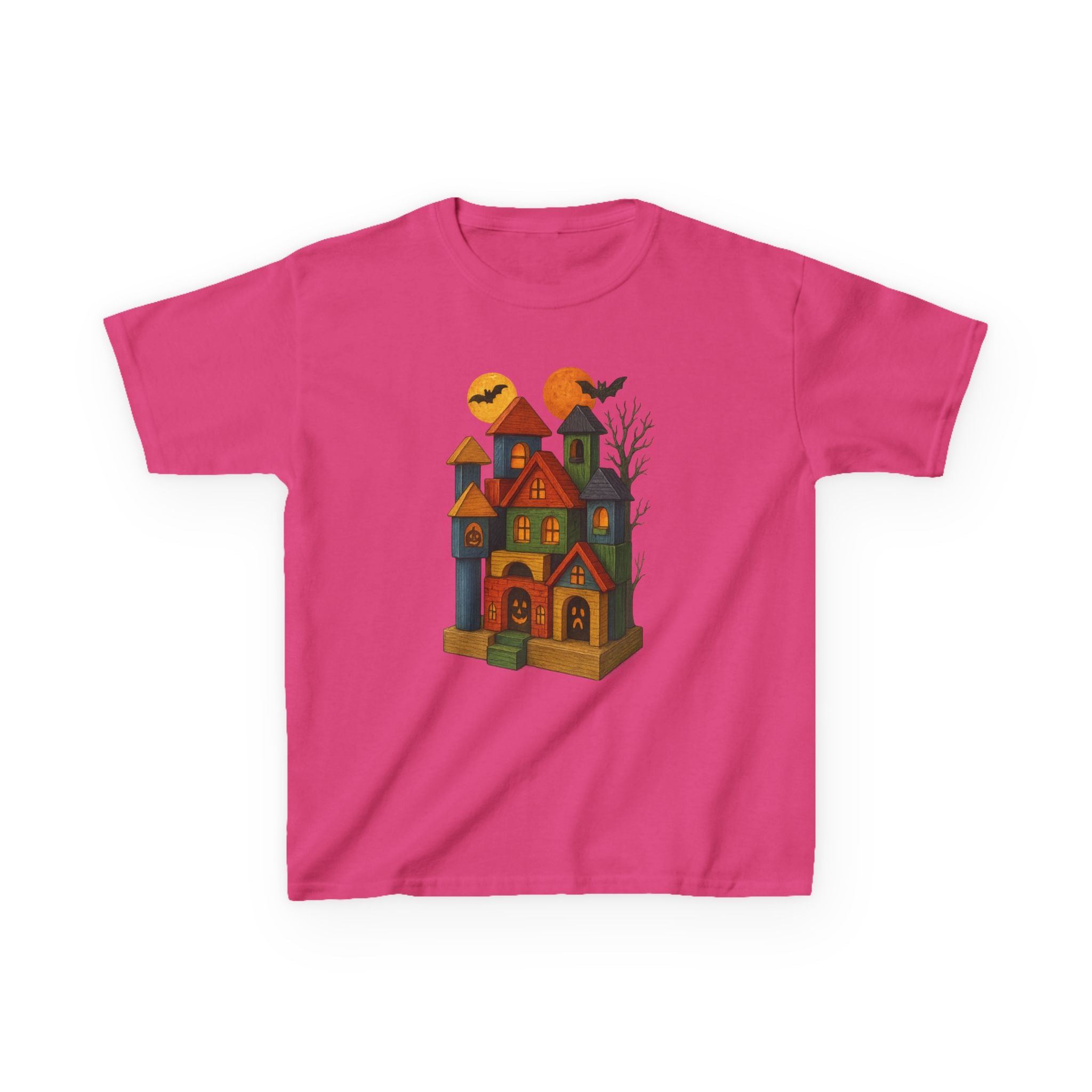 Halloween Wood Block Haunted House Kids Tee Shirt, Fall Festivities Apparel