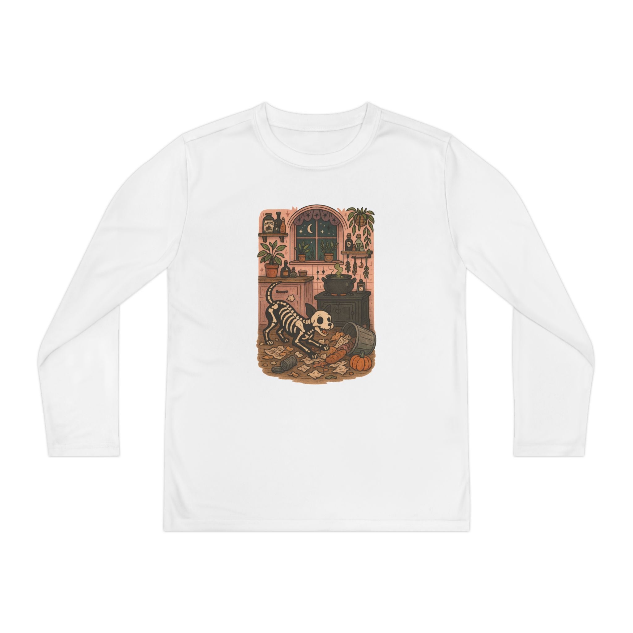 Spooky Skeleton Youth Long Sleeve Tee - Cute Halloween Shirt, Fall Fashion, Dog Lover, Kids' Paranormal Apparel