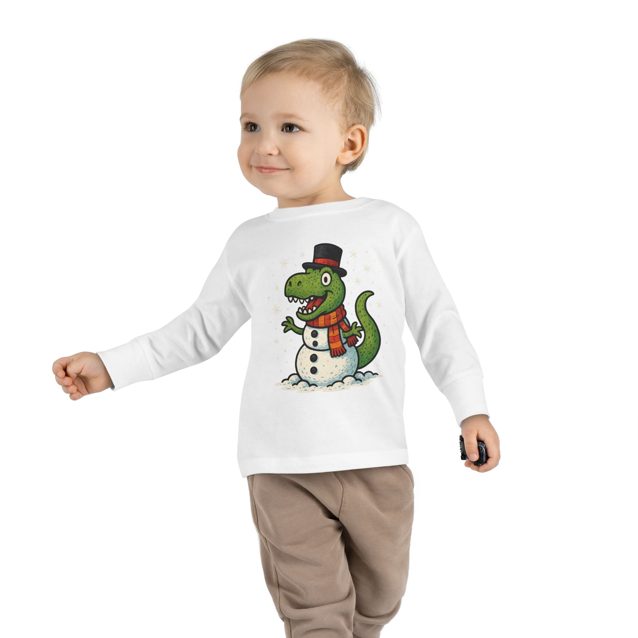Toddler Long Sleeve Tee  Cute T-Rex Dinosaur Snowman Holiday Shirt