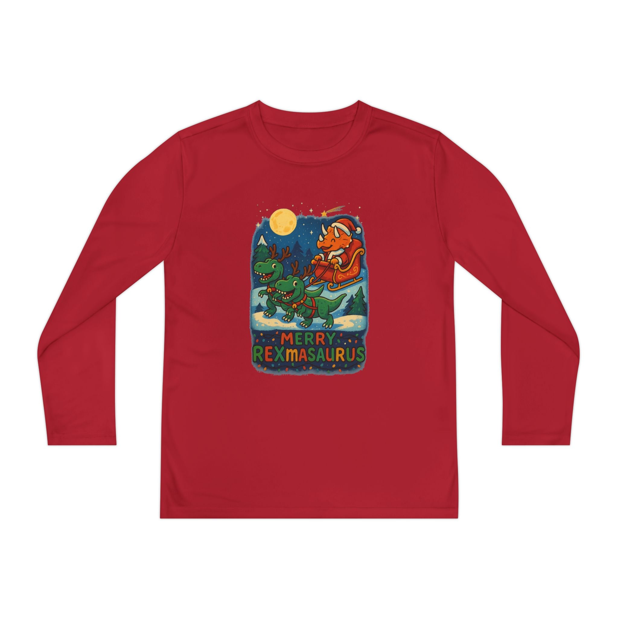 Merry Rexmas Kids Dinosaur Santa Sleigh Christmas Holiday Long Sleeve Tee