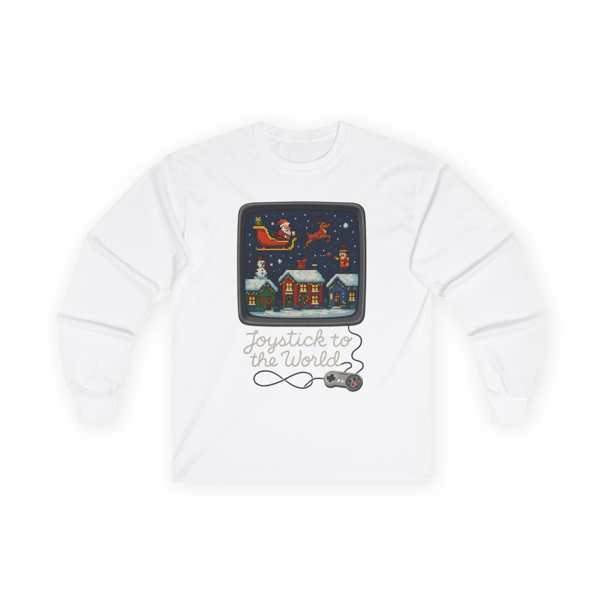 Christmas Video Game Nostalgic "Joystick to the World" Retro Holiday Gaming Long Sleeve Tee