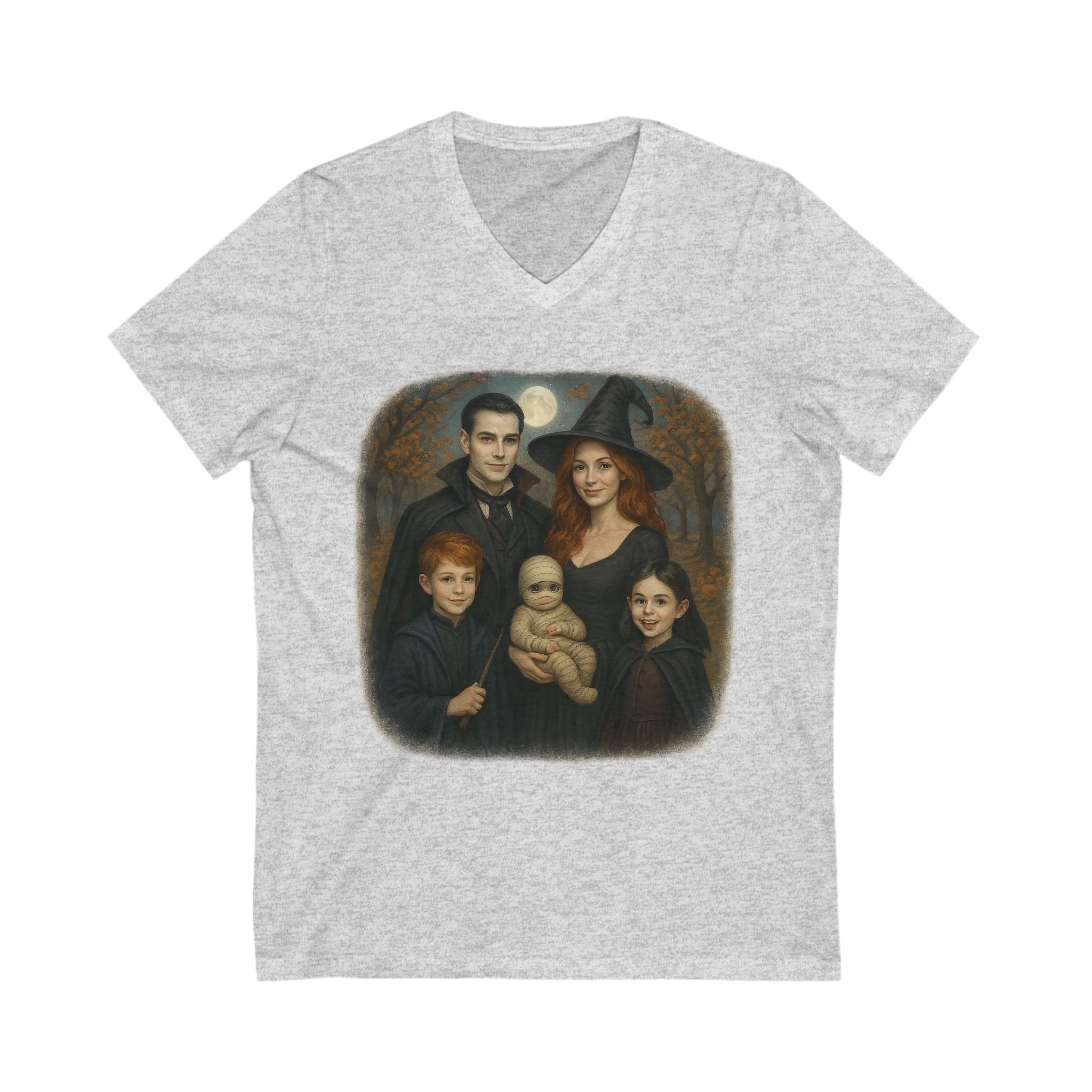 Halloween Characters Family Portrait V Neck T-Shirt Spooky Vibes Photoshoot
