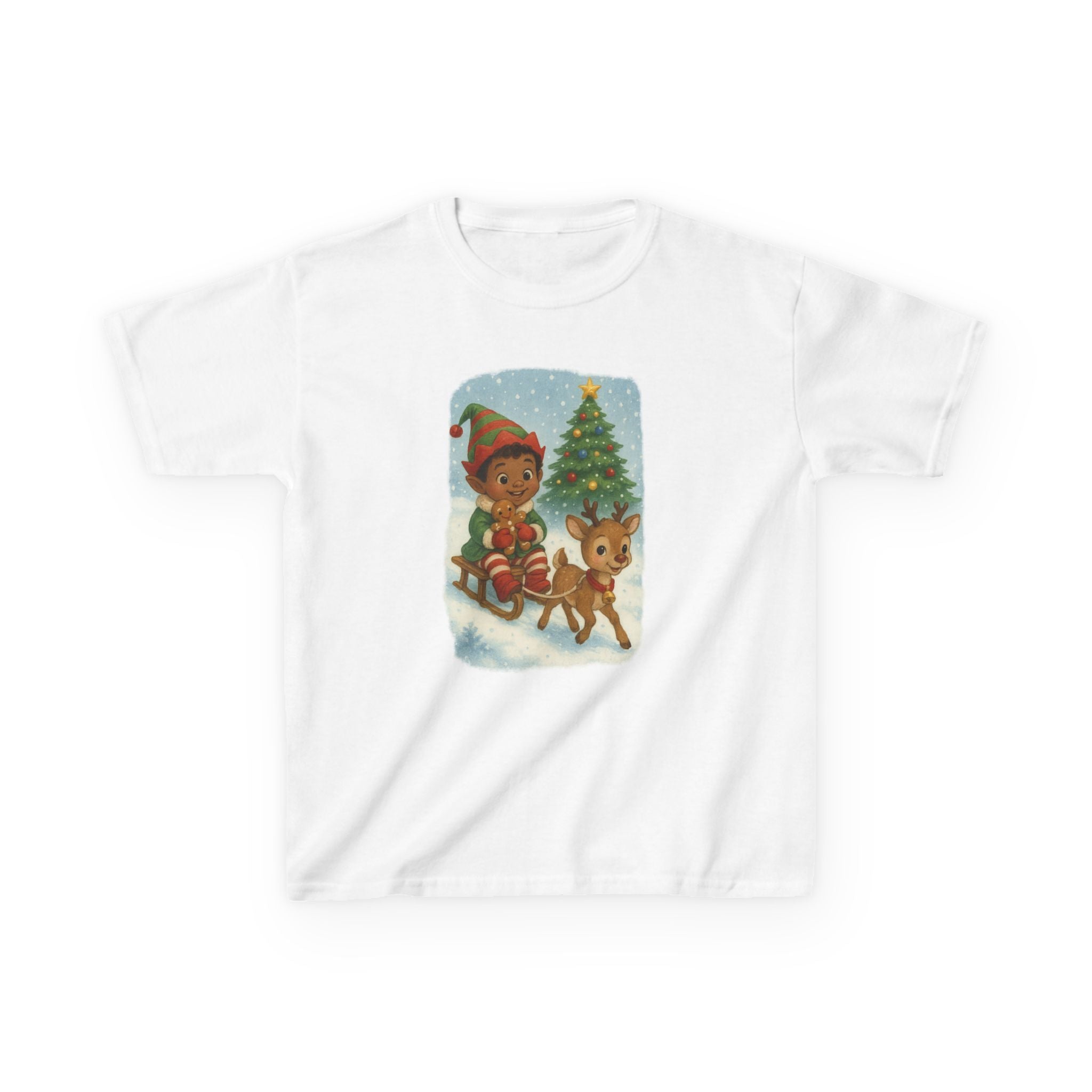 Kids Christmas Elf Sledding Reindeer Holiday T-Shirt