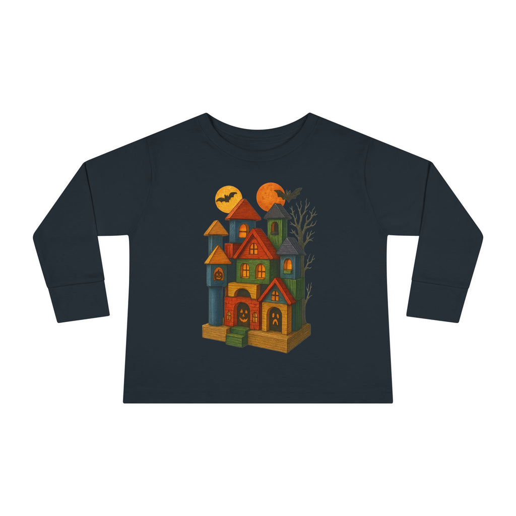 Halloween Toddler Long Sleeve Tee Shirt, Spooky Wood Blocks Castle, Gift for Kids