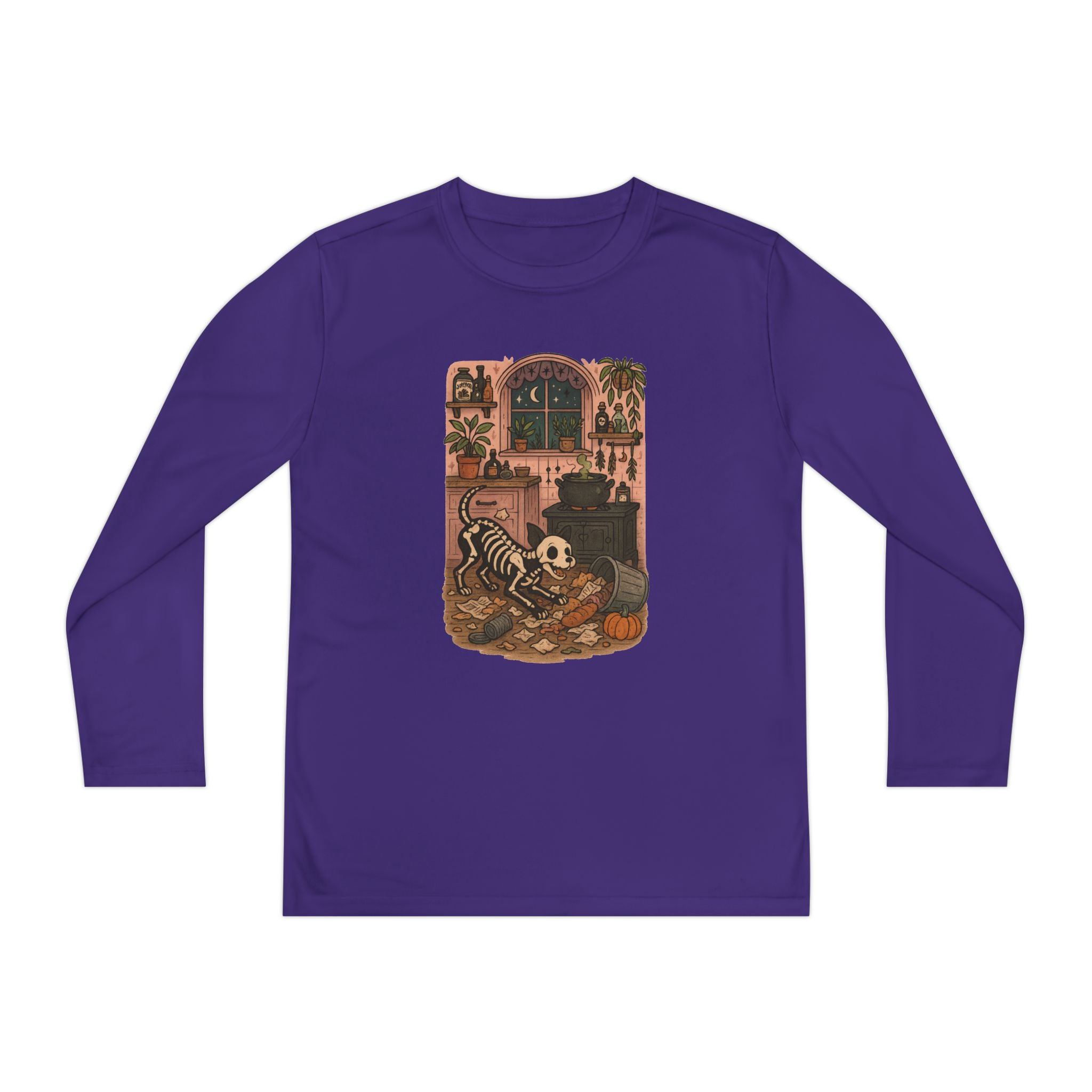 Spooky Skeleton Youth Long Sleeve Tee - Cute Halloween Shirt, Fall Fashion, Dog Lover, Kids' Paranormal Apparel