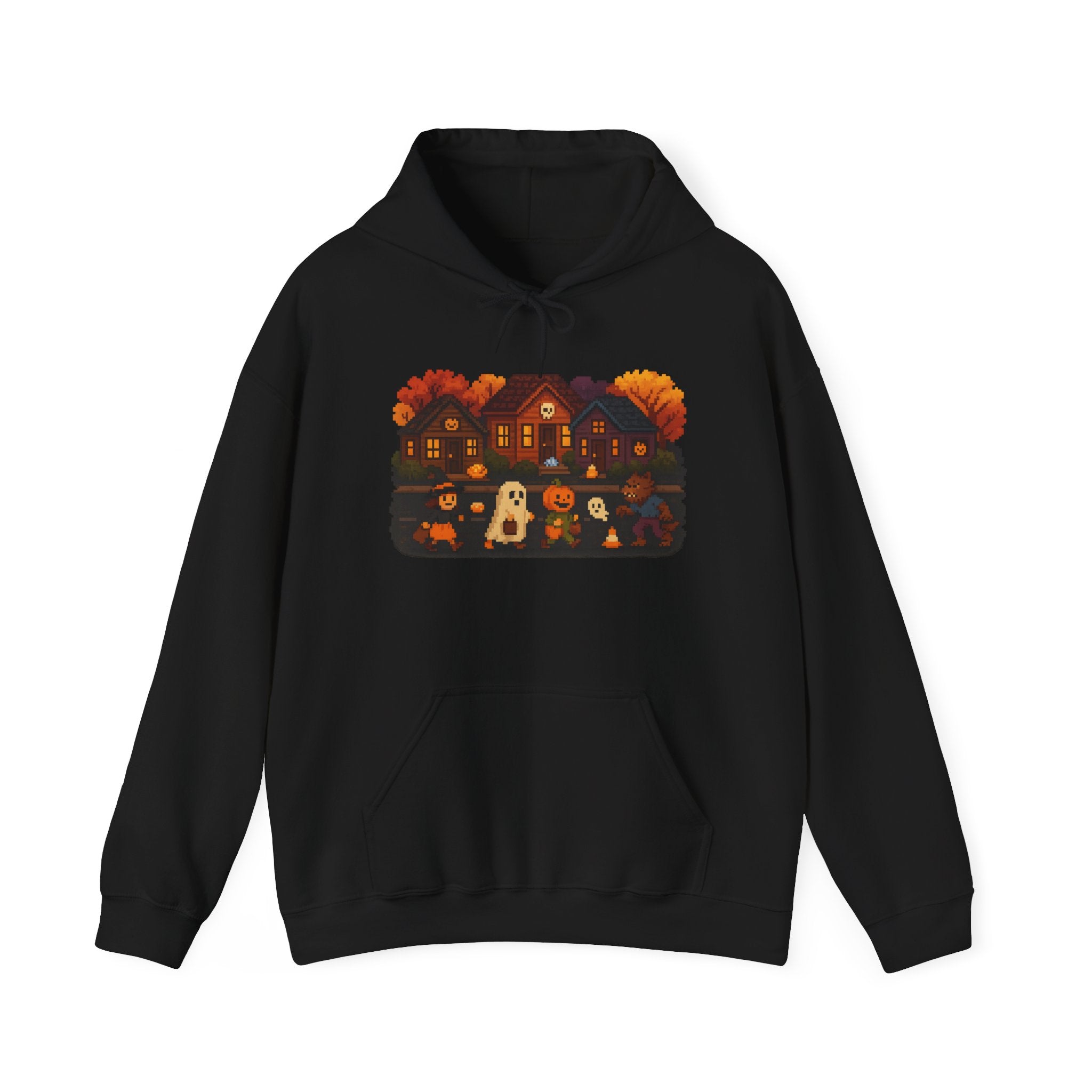 Cozy Halloween Sweatshirt | Hooded Sweatshirt with Spooky Design, Vintage Video Game Trick or Treat Fun