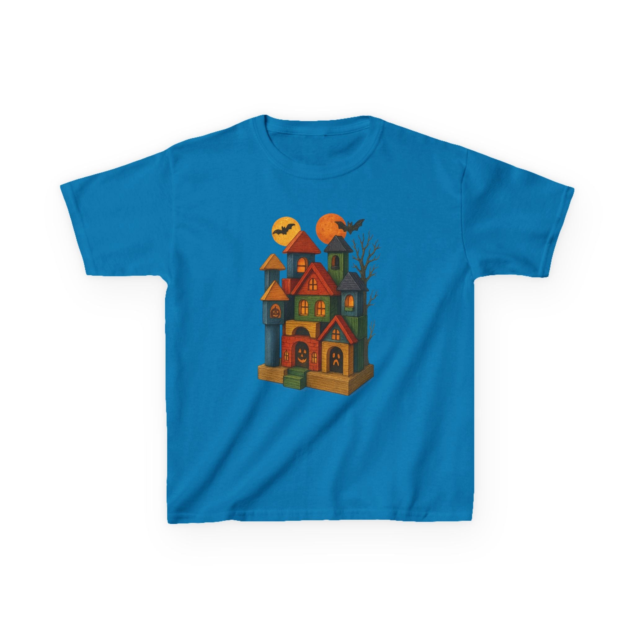 Halloween Wood Block Haunted House Kids Tee Shirt, Fall Festivities Apparel