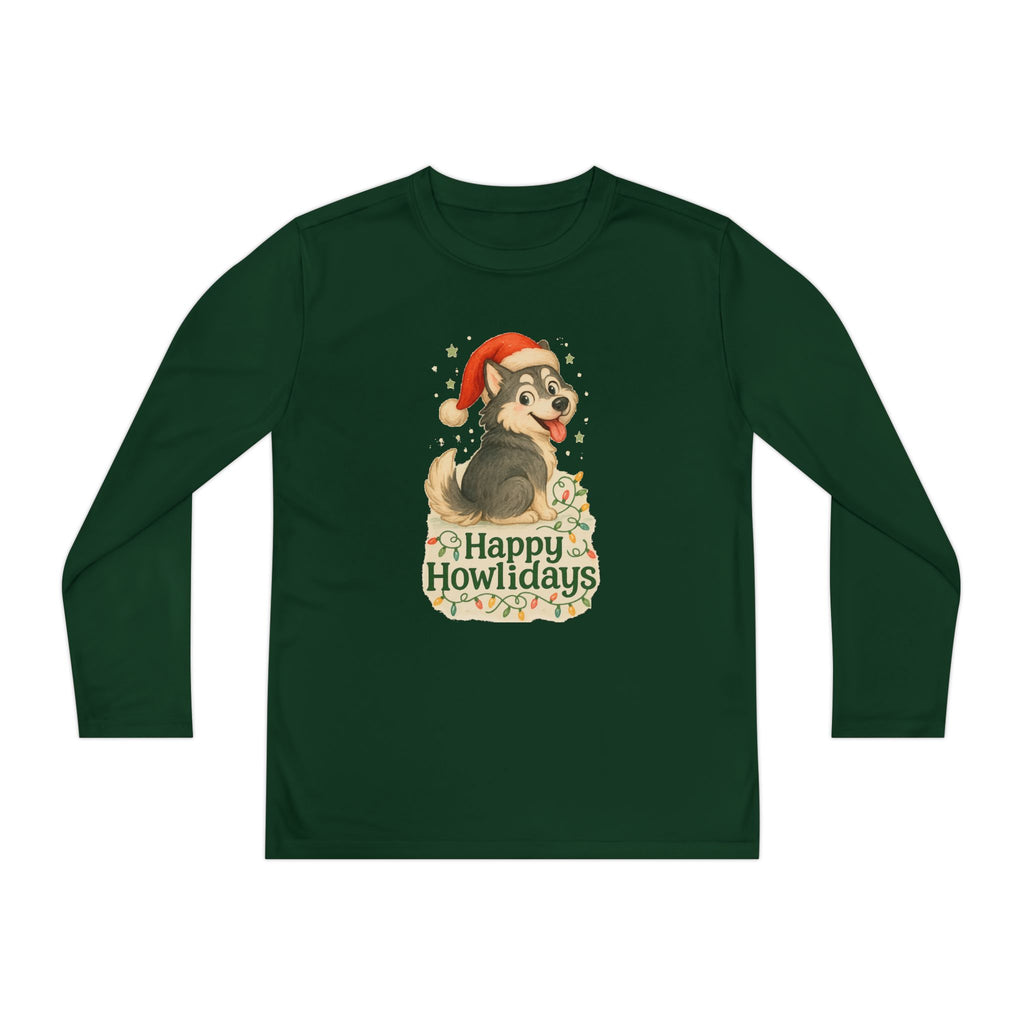 Happy Howlidays Husky Dog Christmas Holiday Kids Long Sleeve Tee
