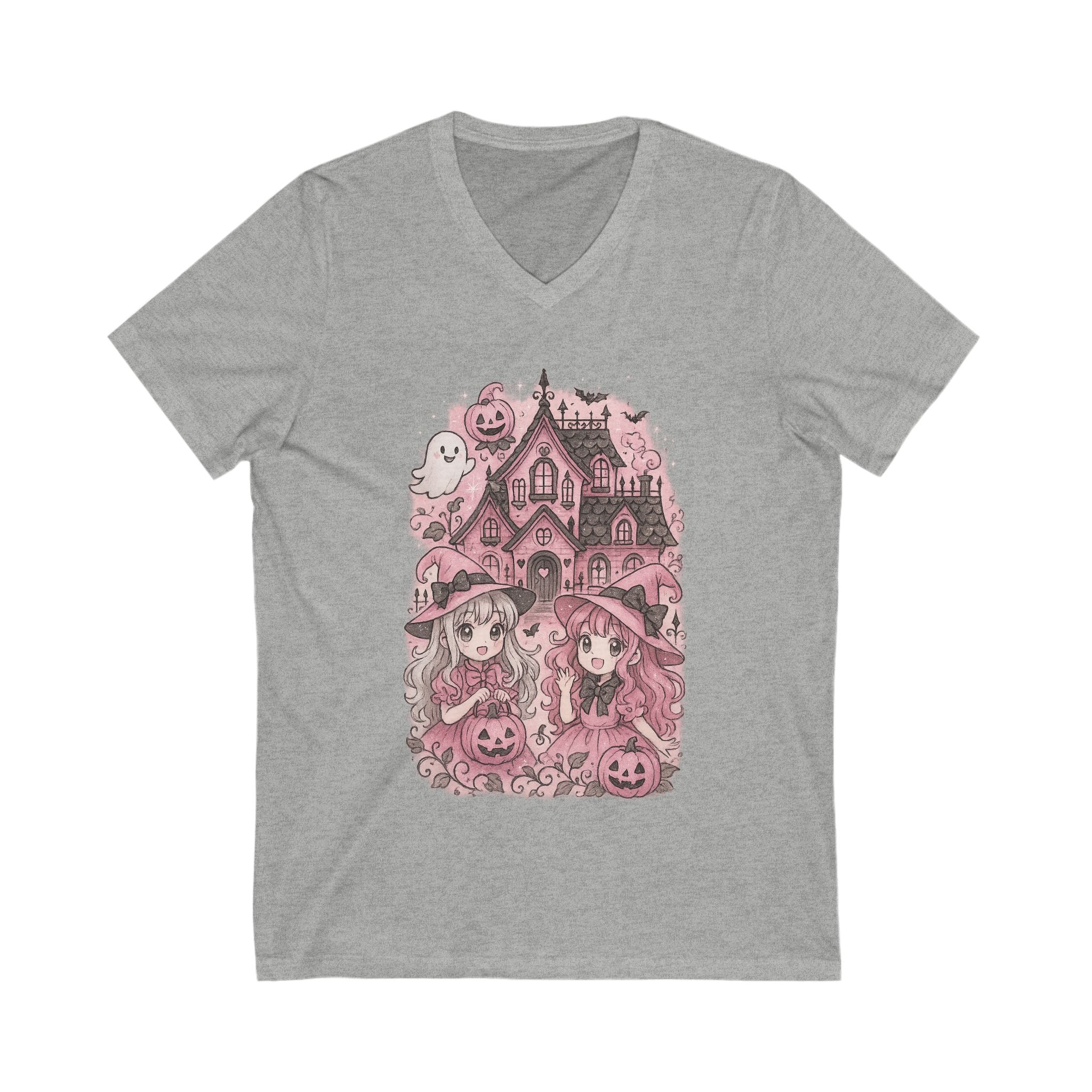Anime Cartoon Whimsical Halloween V-Neck Tee, Cute Ghost & Witches Shirt, Spooky Season Top, Fall Fashion,