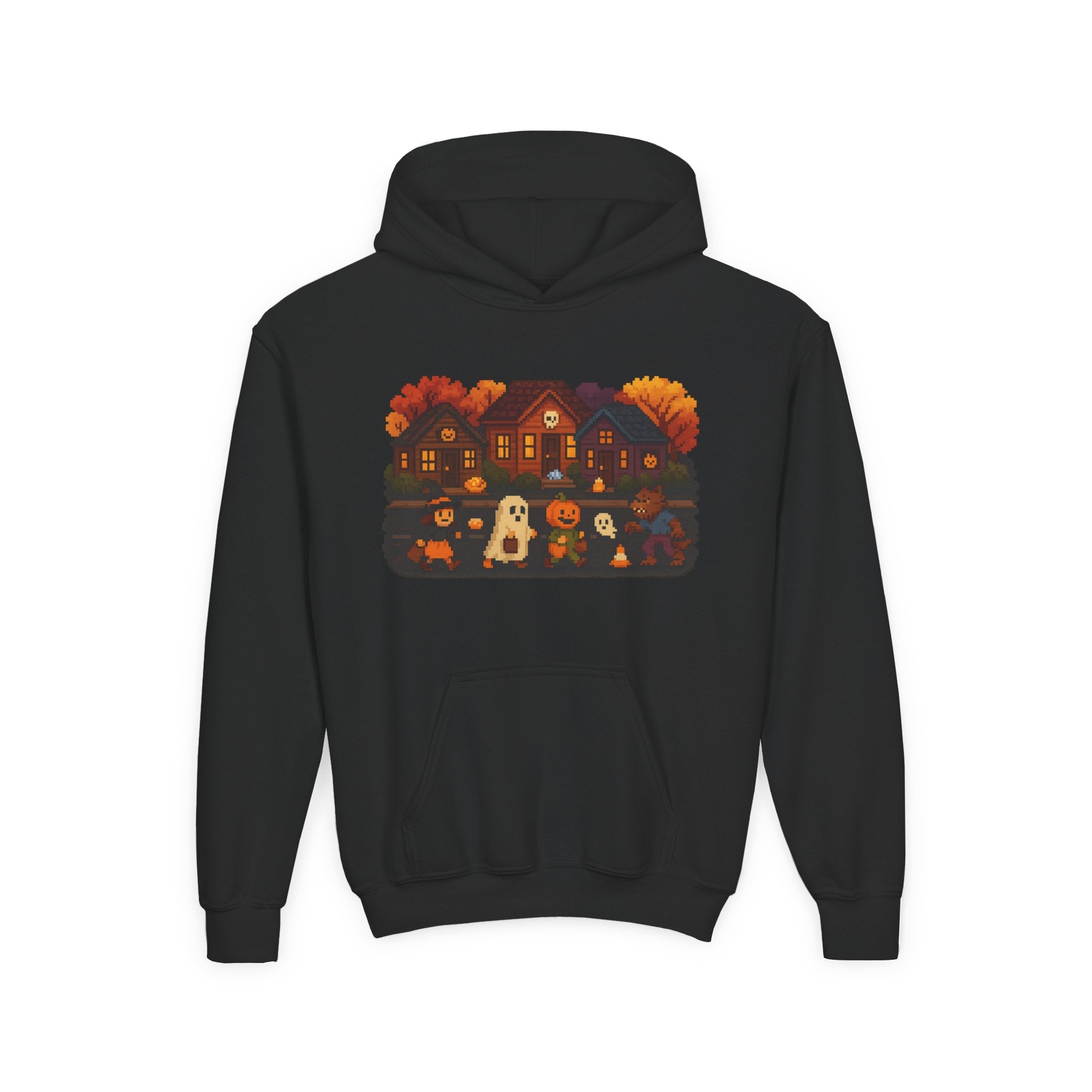 Cozy Halloween Youth Hoodie with Spooky Design, Vintage Video Game Trick or Treat Fun