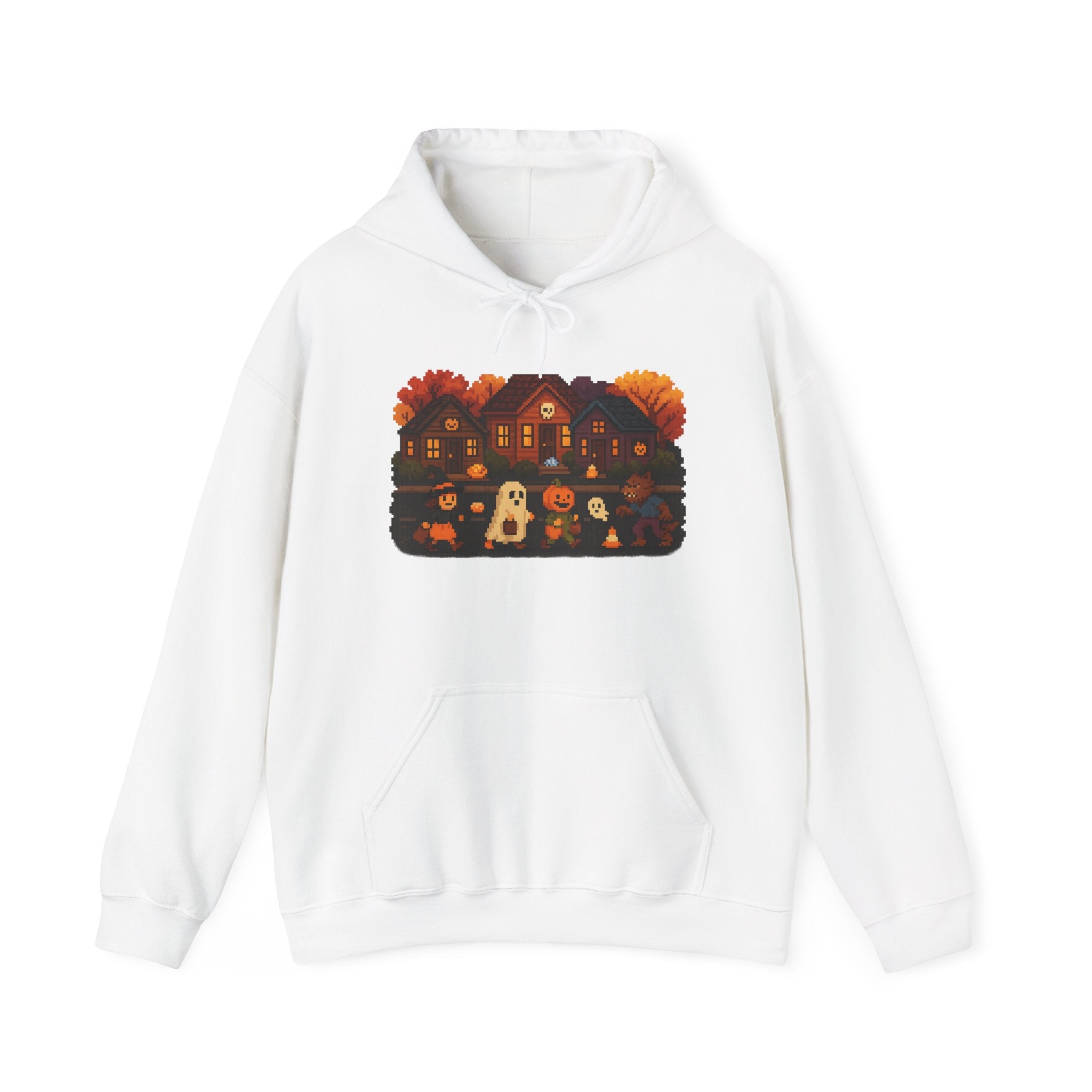 Cozy Halloween Sweatshirt | Hooded Sweatshirt with Spooky Design, Vintage Video Game Trick or Treat Fun