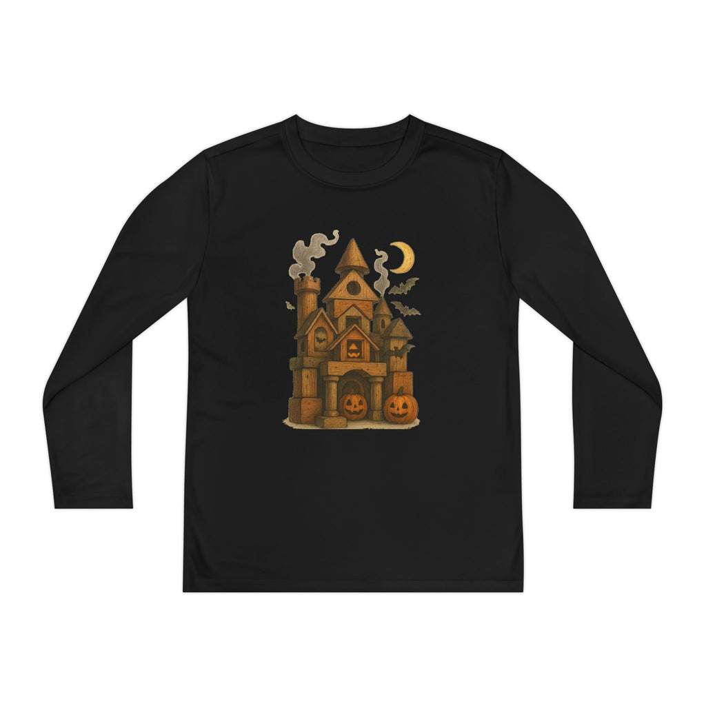 Youth Halloween Long Sleeve Tee Shirt, Spooky Wood Blocks Castle, Fall Apparel