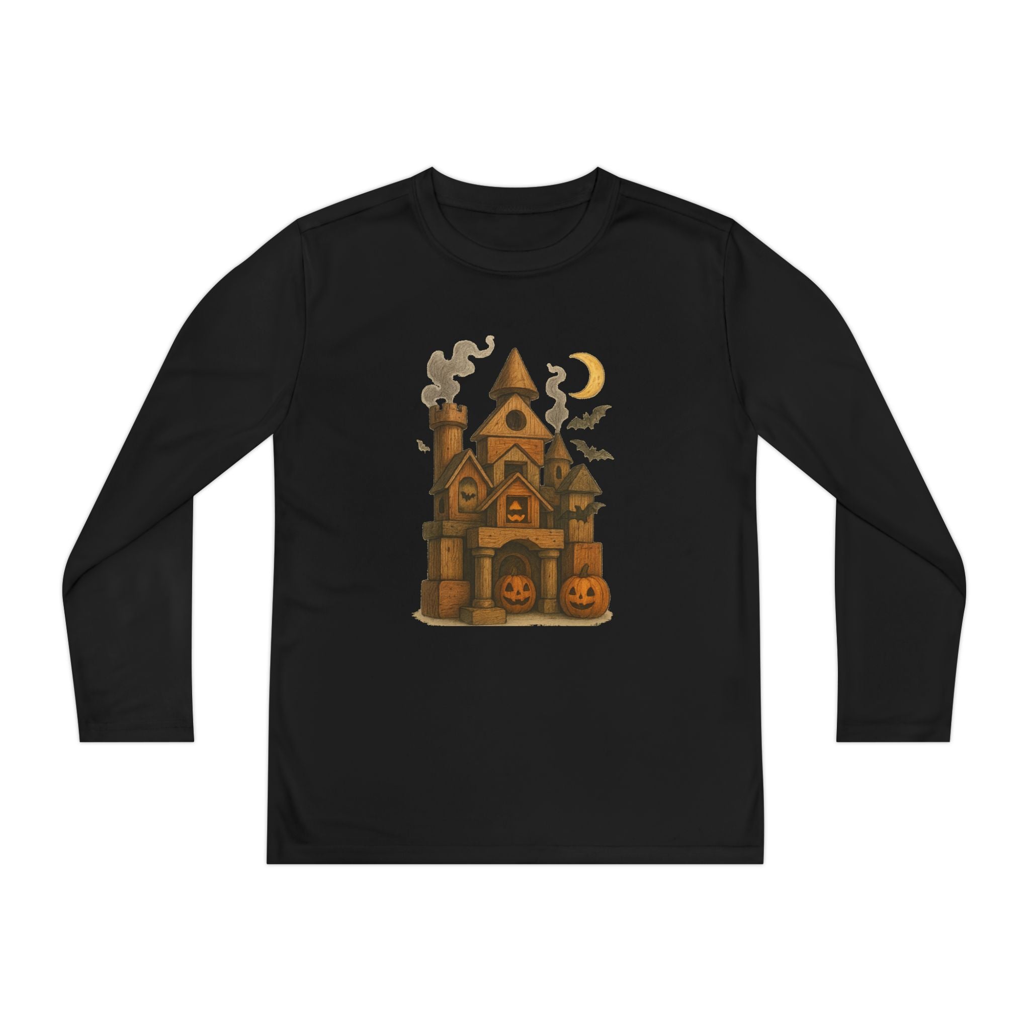Youth Halloween Long Sleeve Tee Shirt, Spooky Wood Blocks Castle, Fall Apparel