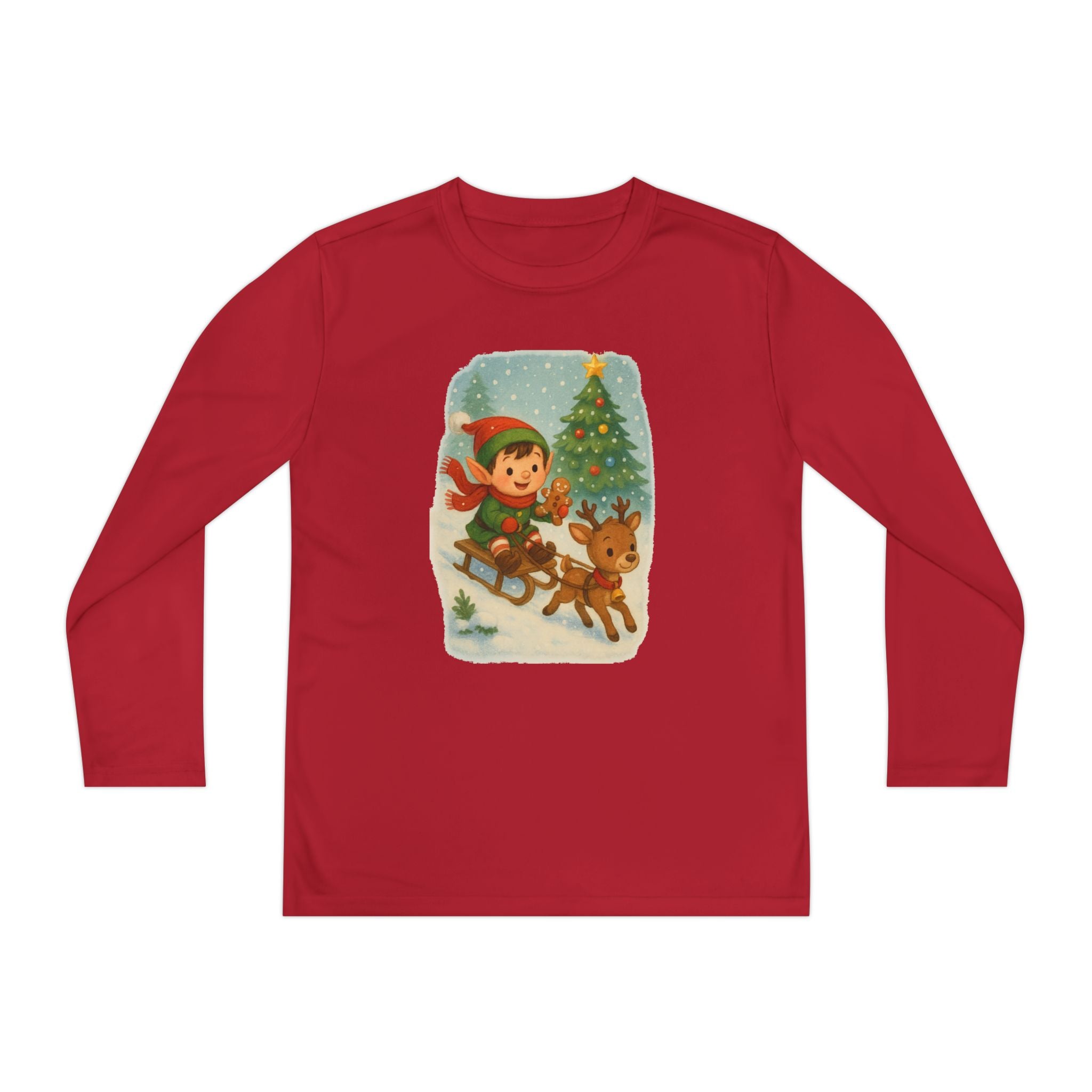 Kids Christmas Long Sleeve Tee - Vintage Elf & Reindeer Sledding Design