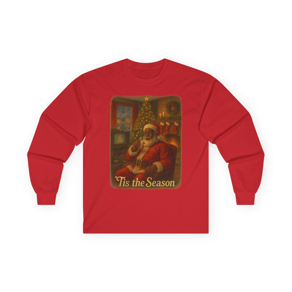 Festive Black Santa Long Sleeve Tee - Nostalgic 'Tis the Season vintage Christmas Shirt