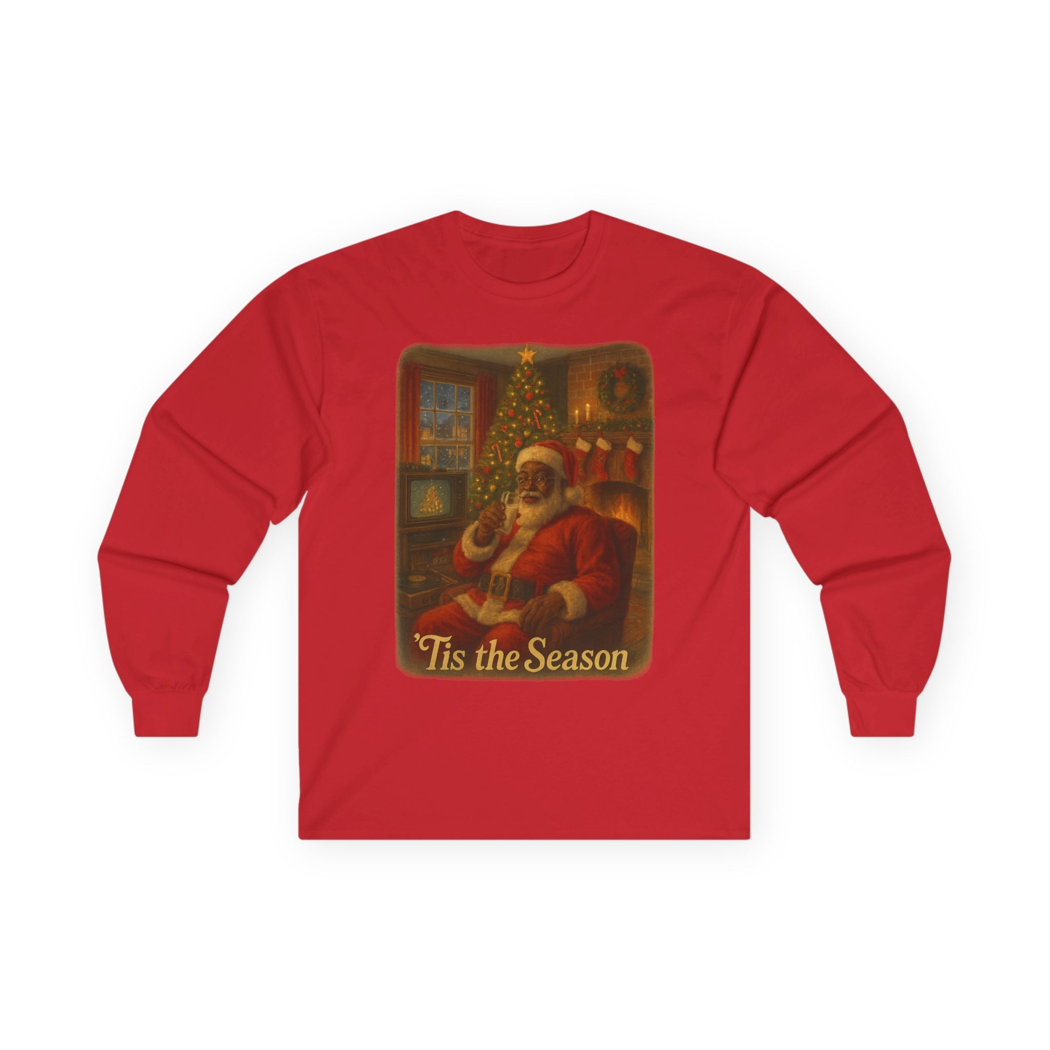 Festive Black Santa Long Sleeve Tee - Nostalgic 'Tis the Season vintage Christmas Shirt