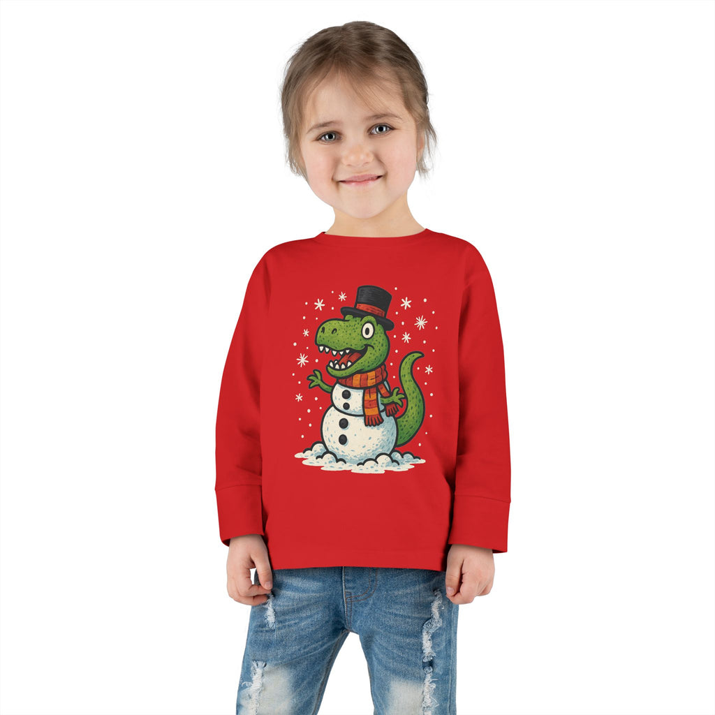 Toddler Long Sleeve Tee  Cute T-Rex Dinosaur Snowman Holiday Shirt