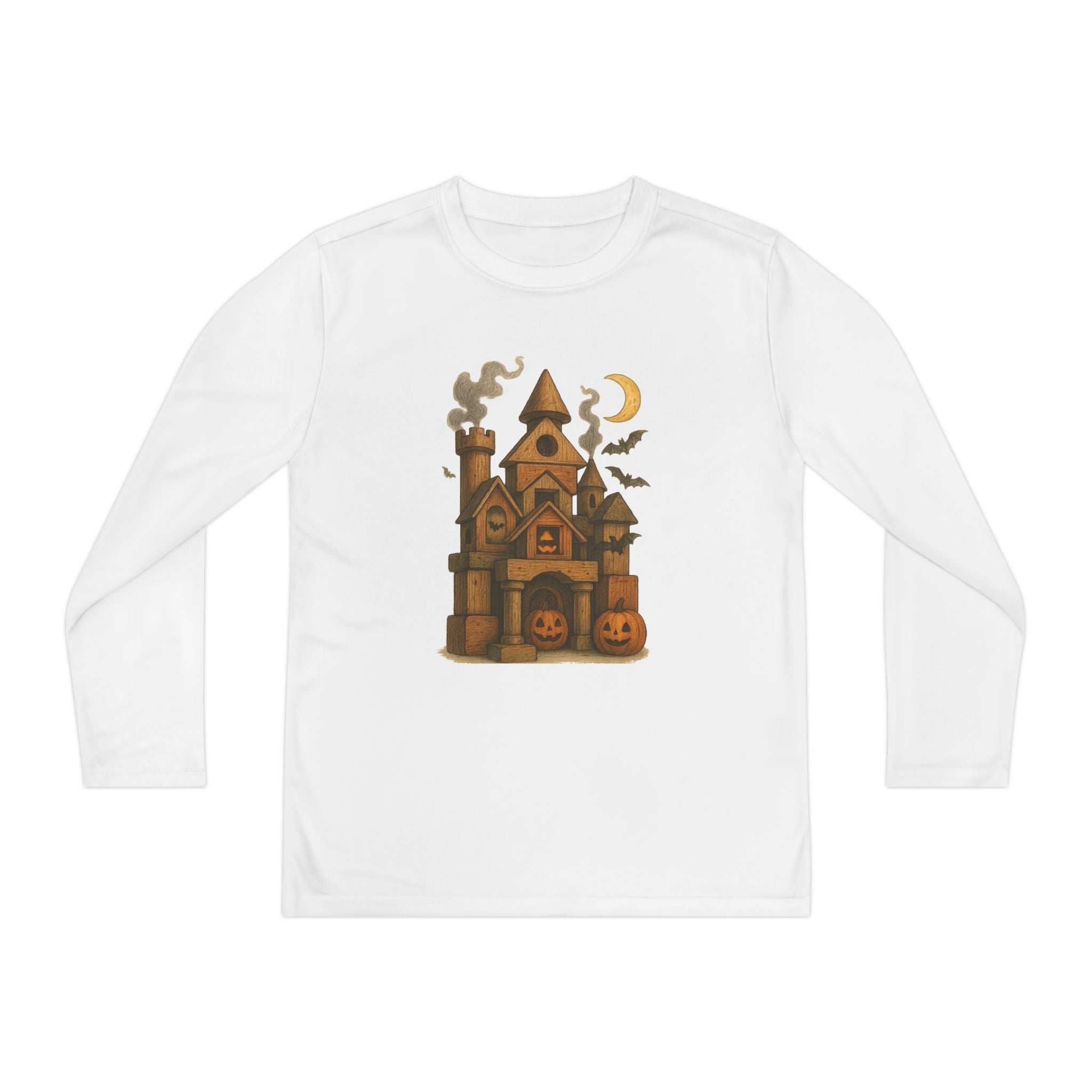 Youth Halloween Long Sleeve Tee Shirt, Spooky Wood Blocks Castle, Fall Apparel