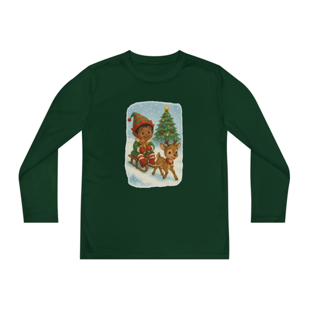 Holiday Elf and Deer Sledding Kids Christmas Long Sleeve Tee