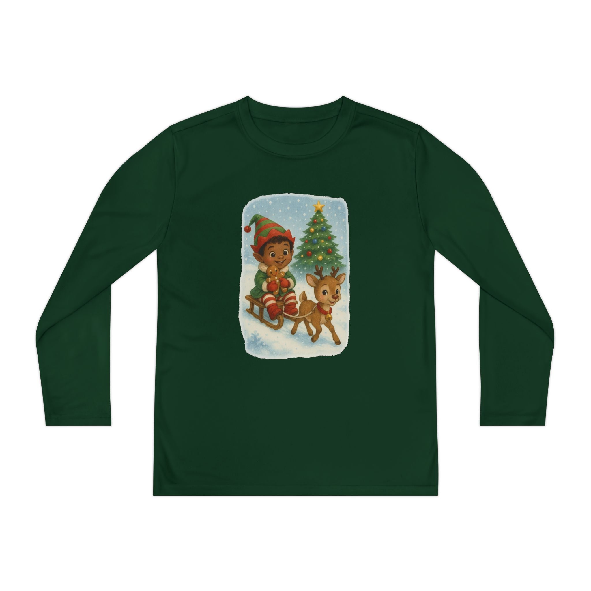 Holiday Elf and Deer Sledding Kids Christmas Long Sleeve Tee
