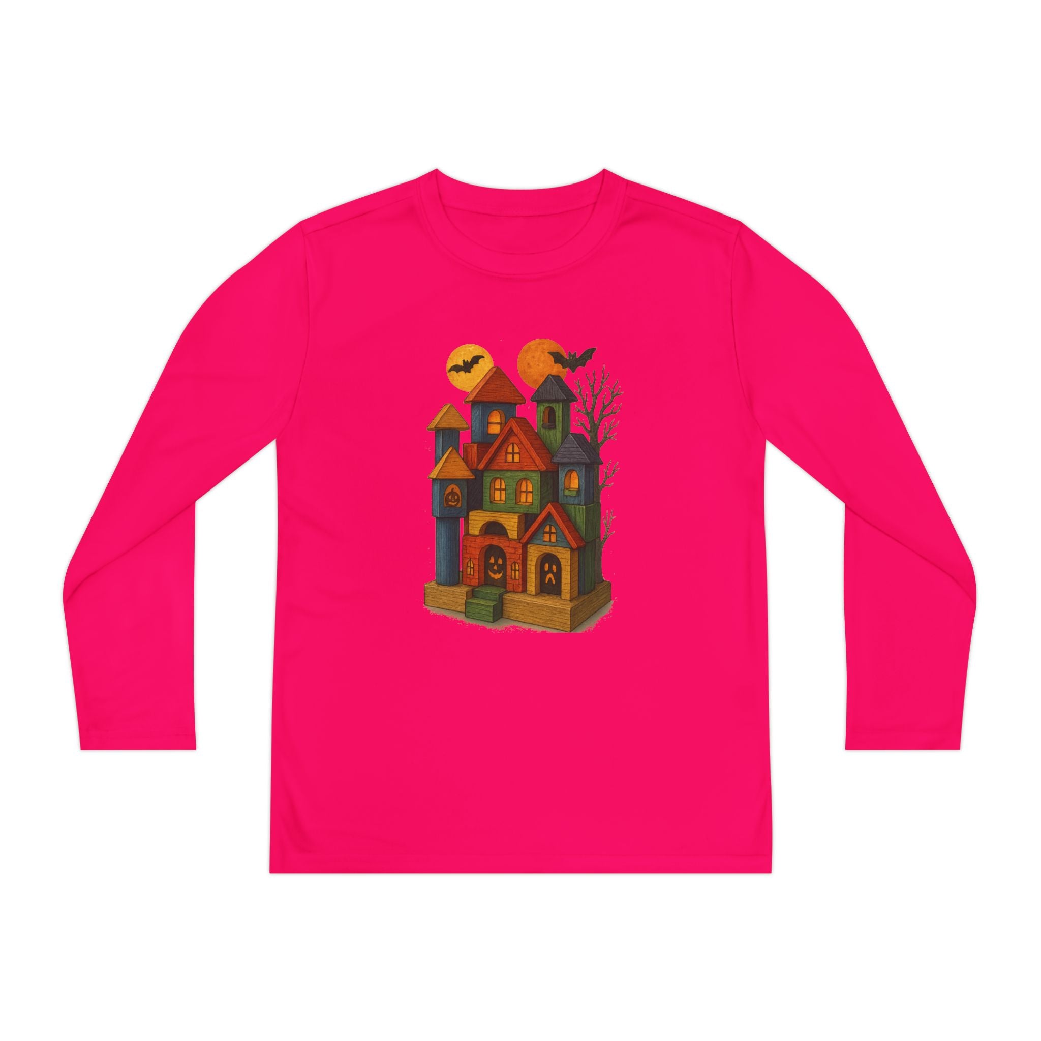Spooky Wood Blocks Castle Long Sleeve Tee, Youth Shirt, Halloween, Fall Wardrobe Essential, Kids Graphic Tee
