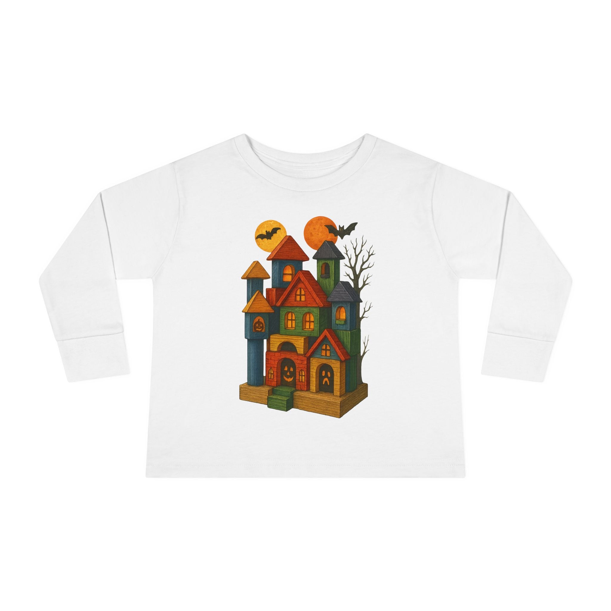 Halloween Toddler Long Sleeve Tee Shirt, Spooky Wood Blocks Castle, Gift for Kids