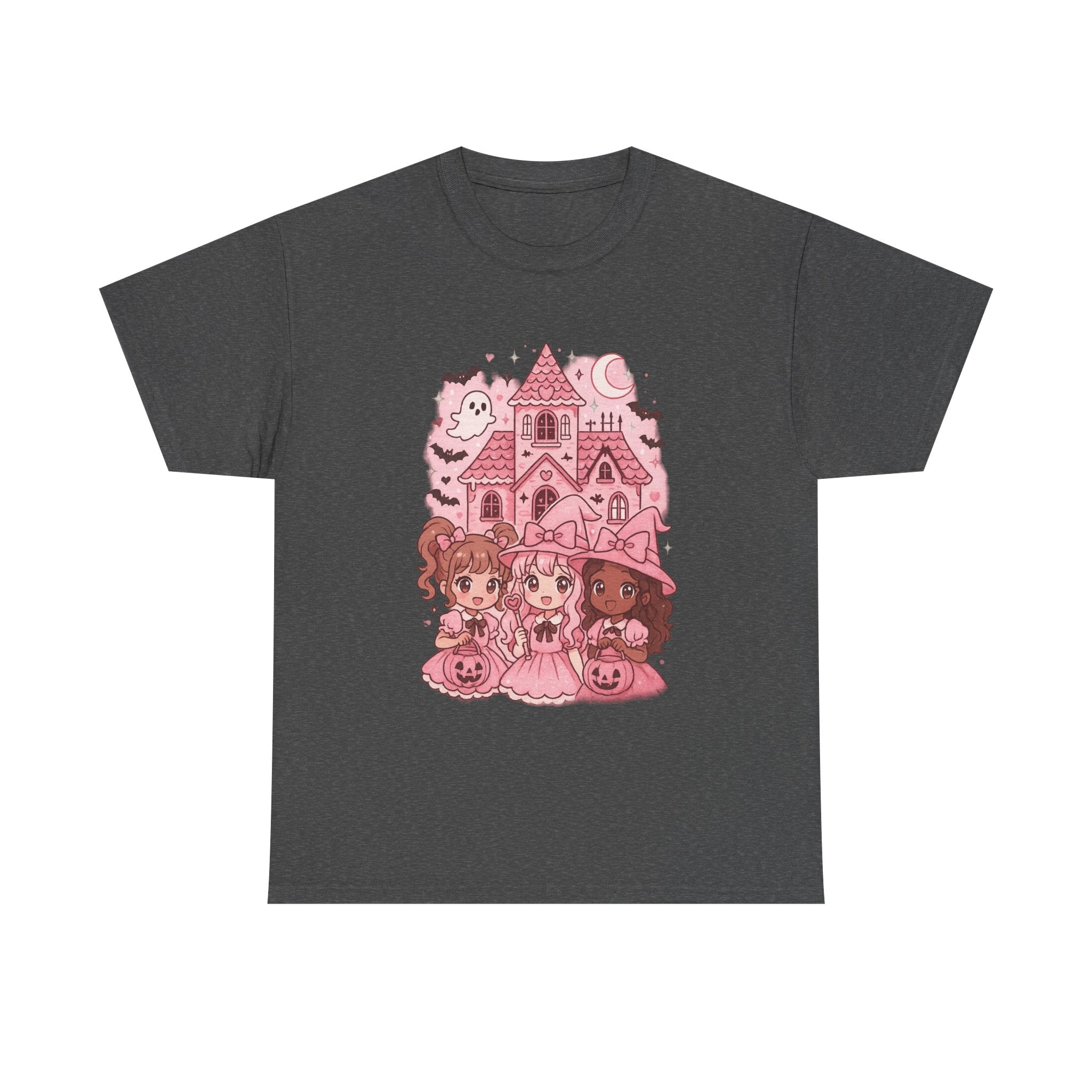 Anime Cartoon Cute Halloween Graphic Tee, Pink Haunted House Art, Unisex Cotton Shirt, Gift for Girls