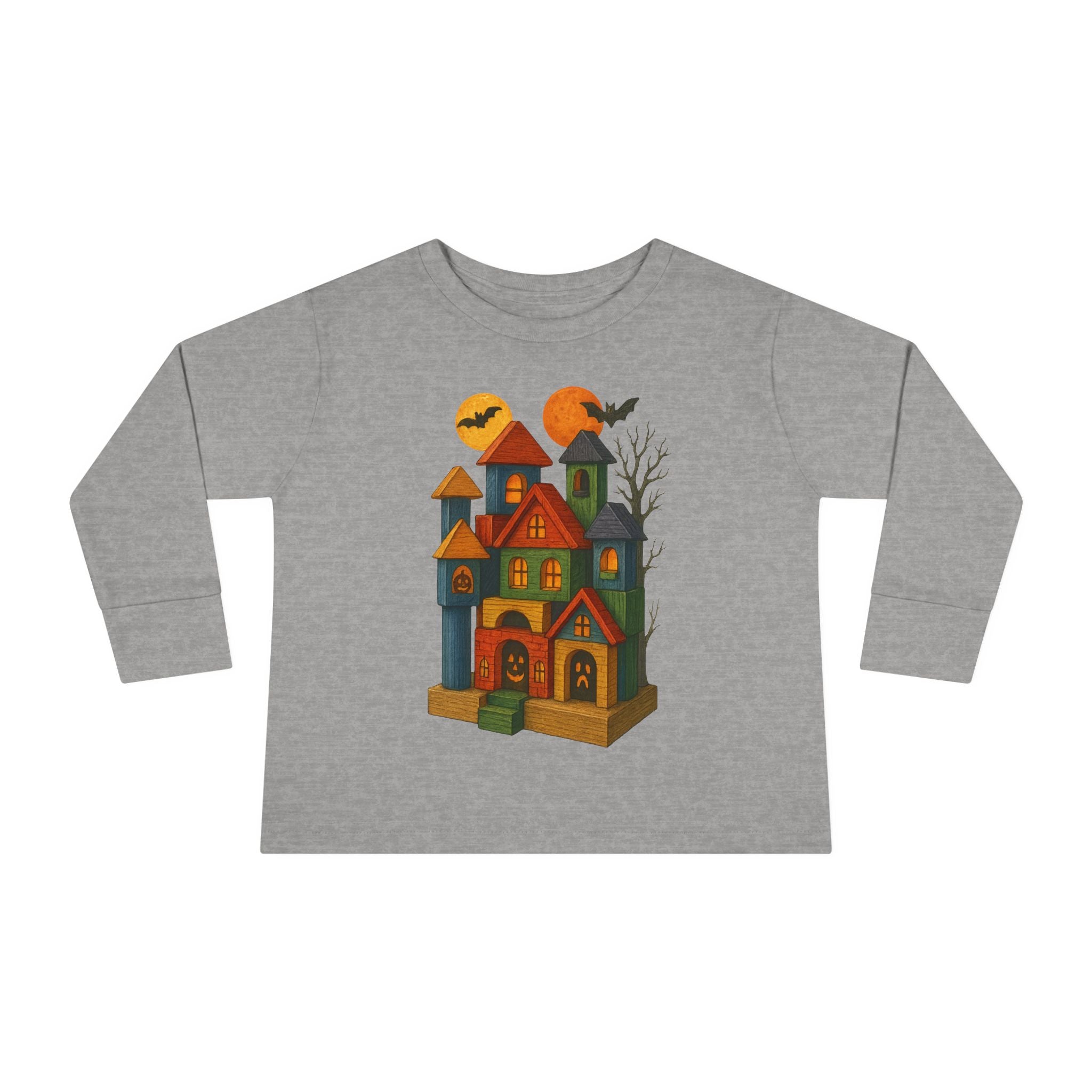 Halloween Toddler Long Sleeve Tee Shirt, Spooky Wood Blocks Castle, Gift for Kids