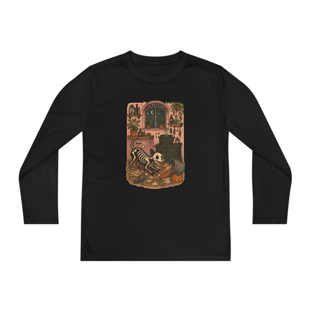 Spooky Skeleton Youth Long Sleeve Tee - Cute Halloween Shirt, Fall Fashion, Dog Lover, Kids' Paranormal Apparel