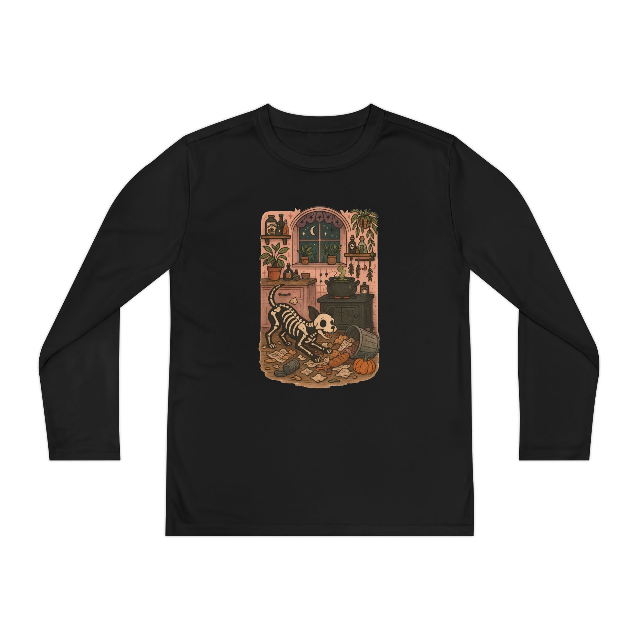 Spooky Skeleton Youth Long Sleeve Tee - Cute Halloween Shirt, Fall Fashion, Dog Lover, Kids' Paranormal Apparel